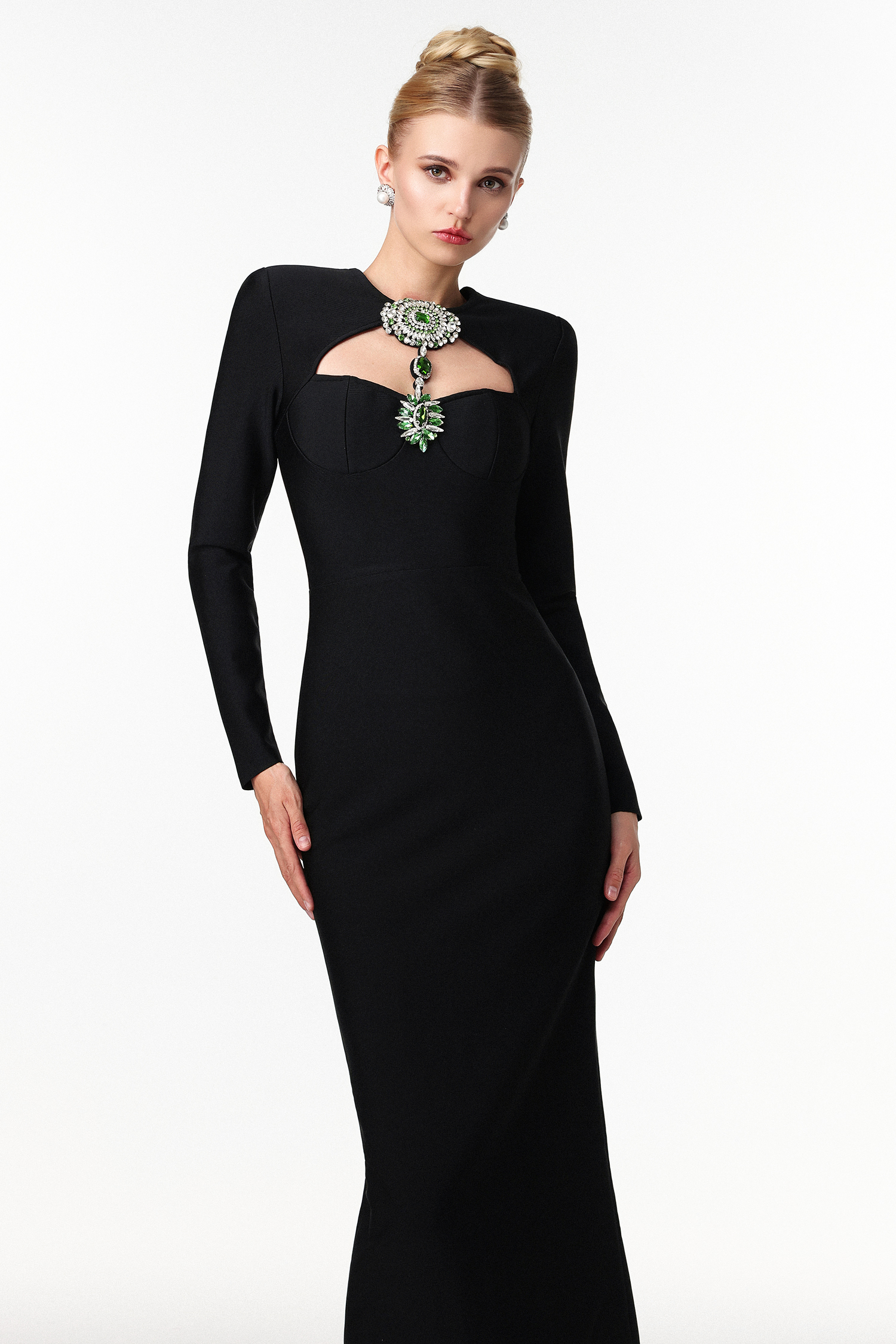 Jensen Elegant Contour Long Sleeve Rhinestone Bandage Maxi Dress