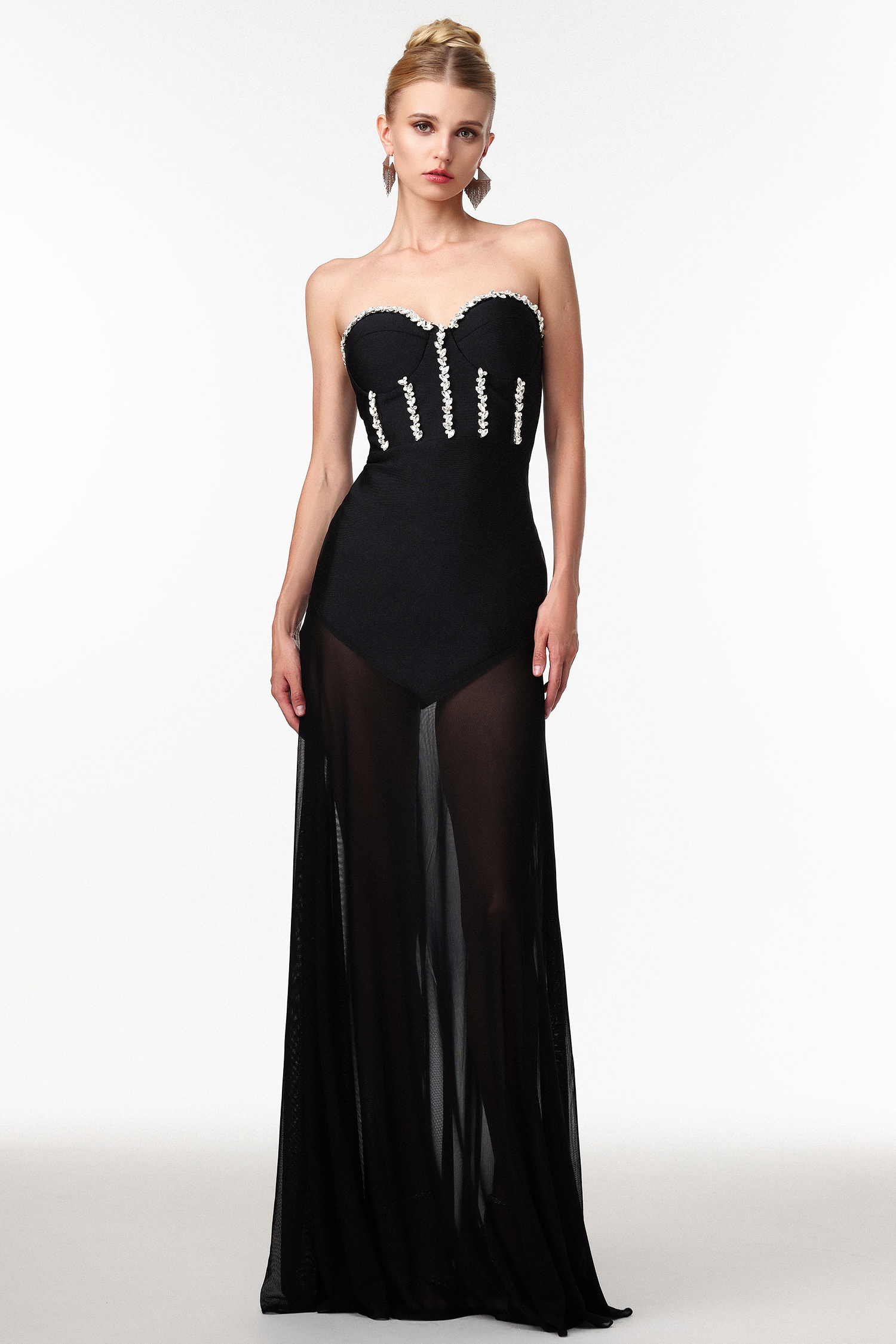 Samira Sexy Contour Rhinestone Bandage Mesh Maxi Dress