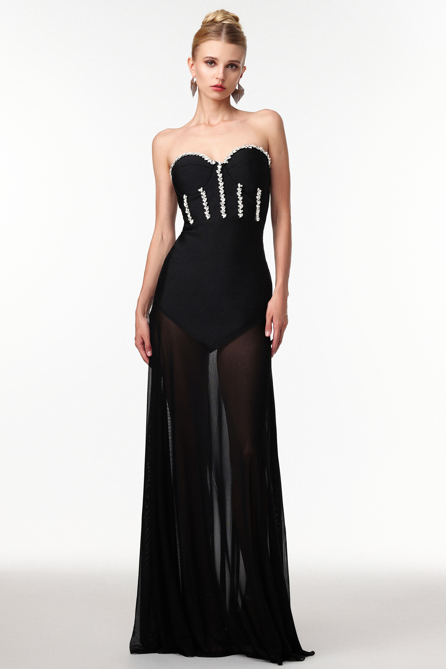 Samira Sexy Contour Rhinestone Bandage Mesh Maxi Dress