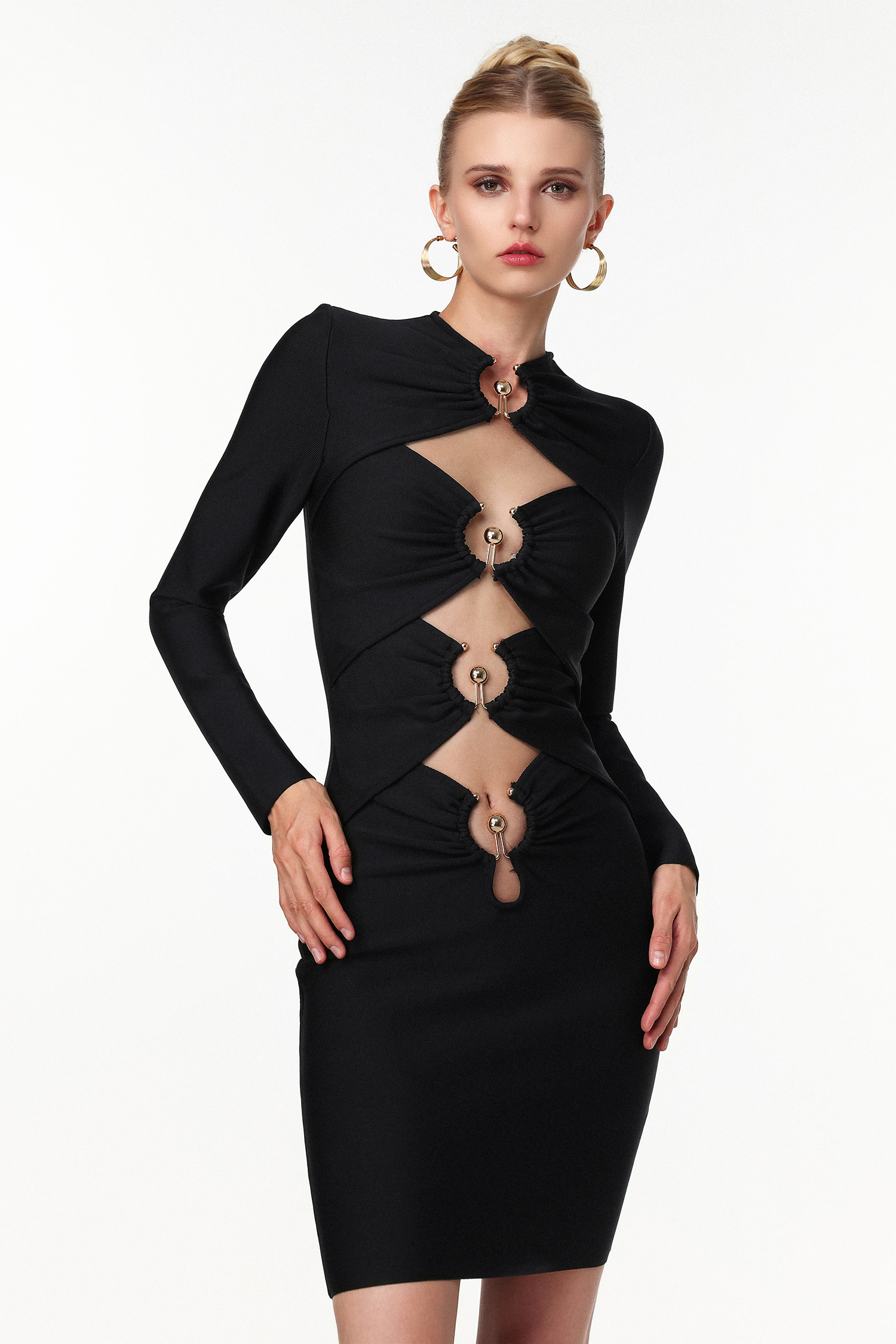 Miney Sexy Contour Long Sleeve Cut Out Bandage Mini Dress