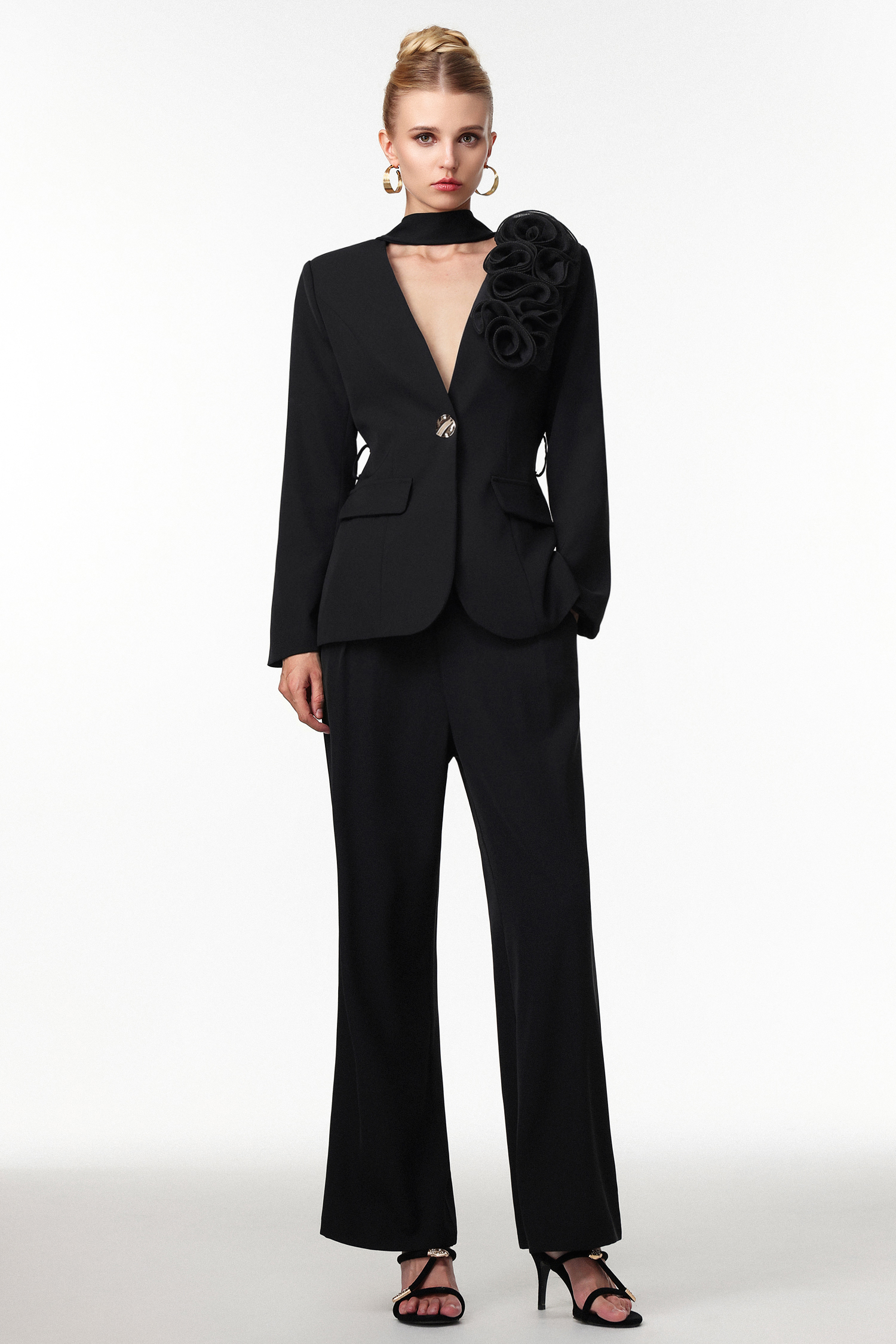 Martine Classic Tailored Long Sleeve Floral Lapel Blazer Two Piece Set