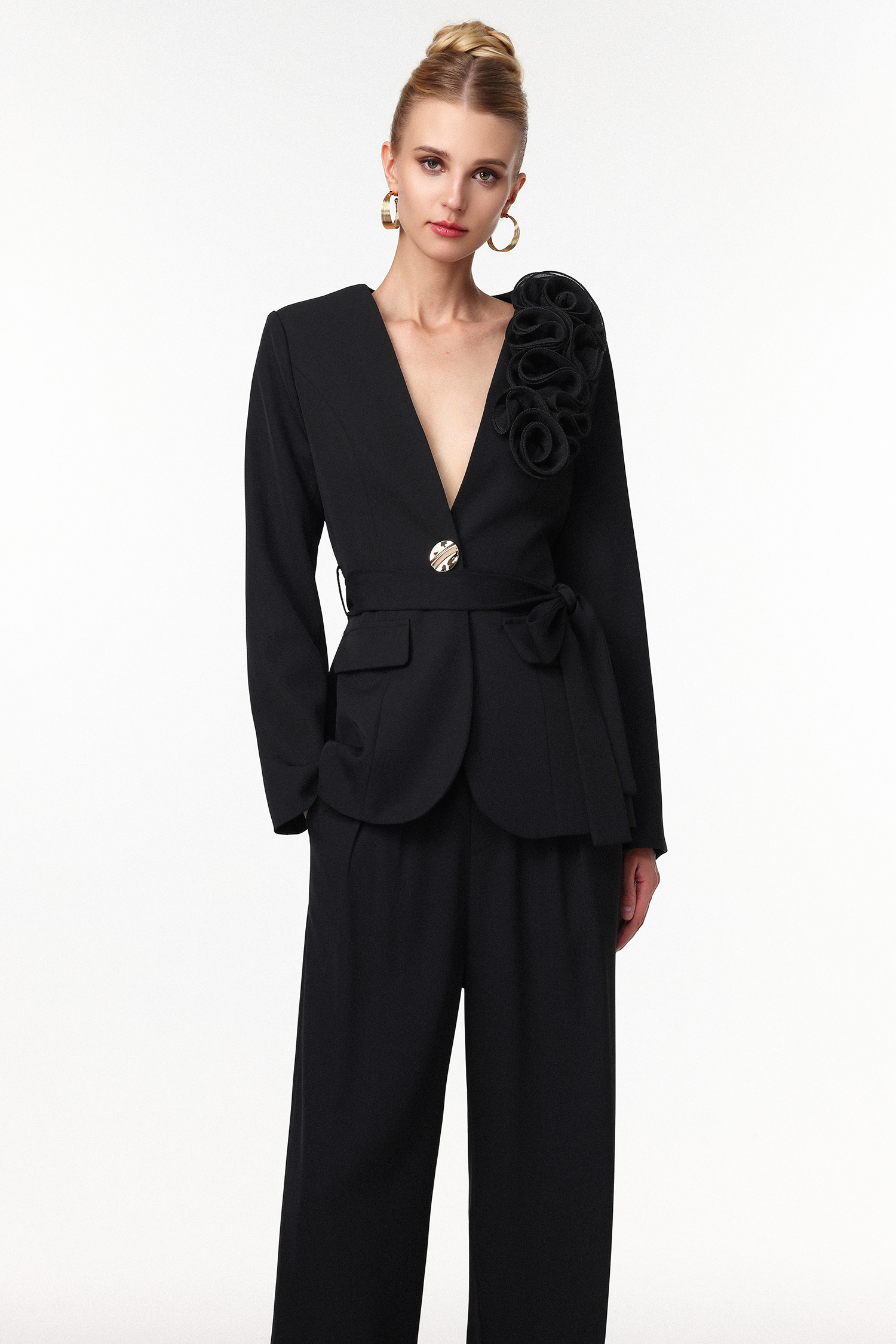 Martine Classic Tailored Long Sleeve Floral Lapel Blazer Two Piece Set