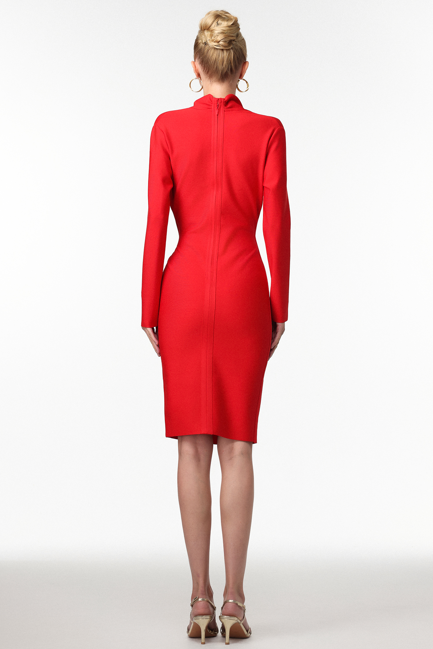 Mafalda Sexy Contour V Neck Long Sleeve Pleated Bandage Midi Dress