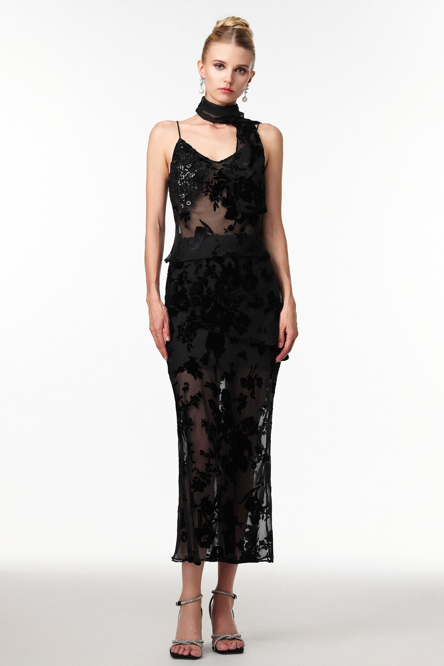 Ogani Sexy Embellished Sleeveless Jacquard Mesh Two Piece Set