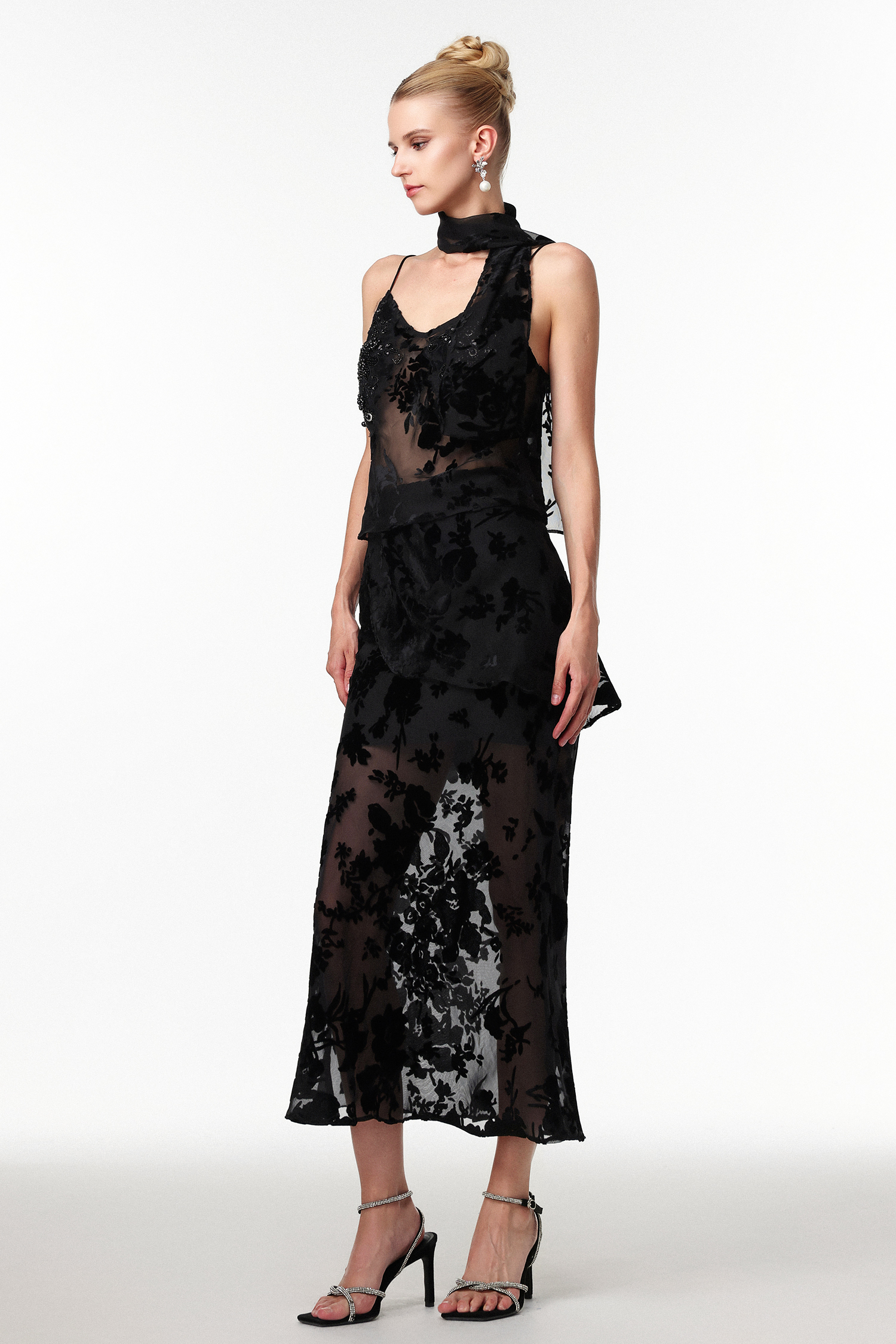 Ogani Sexy Embellished Sleeveless Jacquard Mesh Two Piece Set