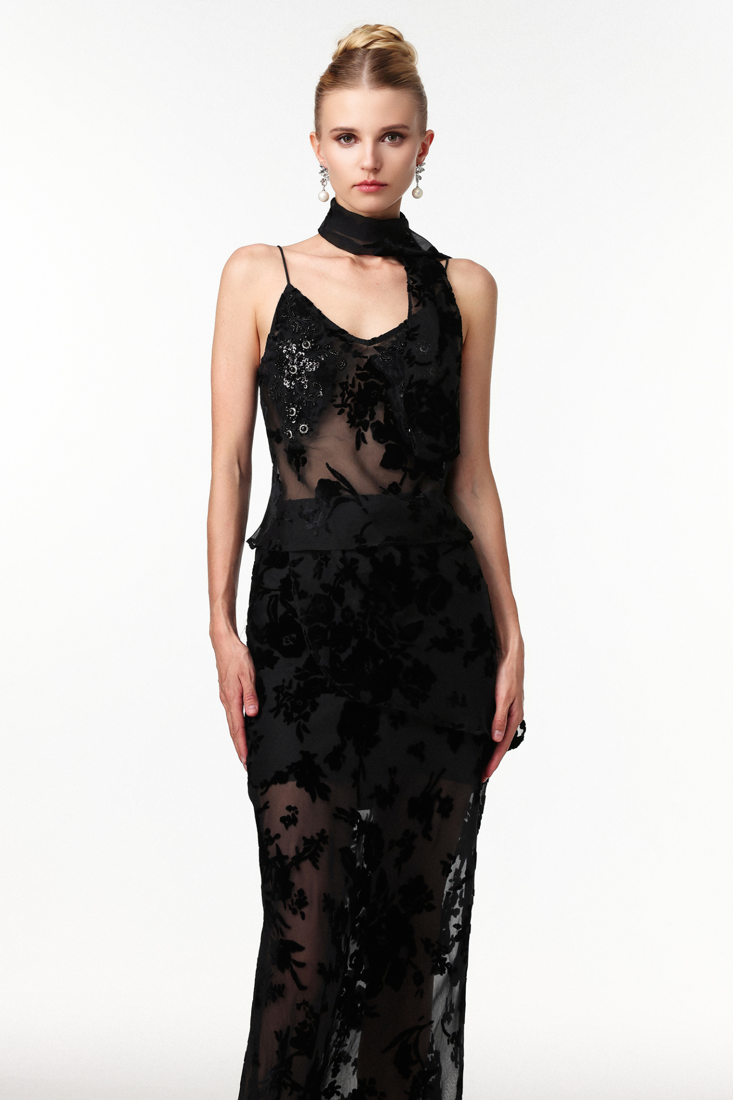 Ogani Sexy Embellished Sleeveless Jacquard Mesh Two Piece Set