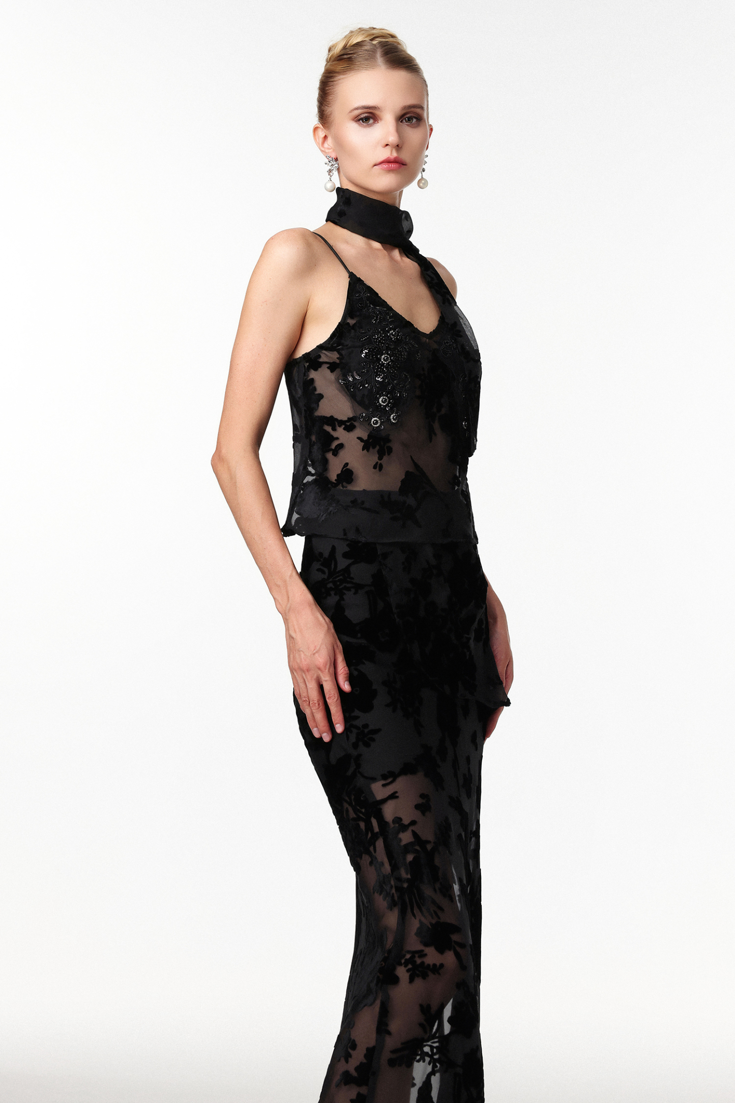 Ogani Sexy Embellished Sleeveless Jacquard Mesh Two Piece Set