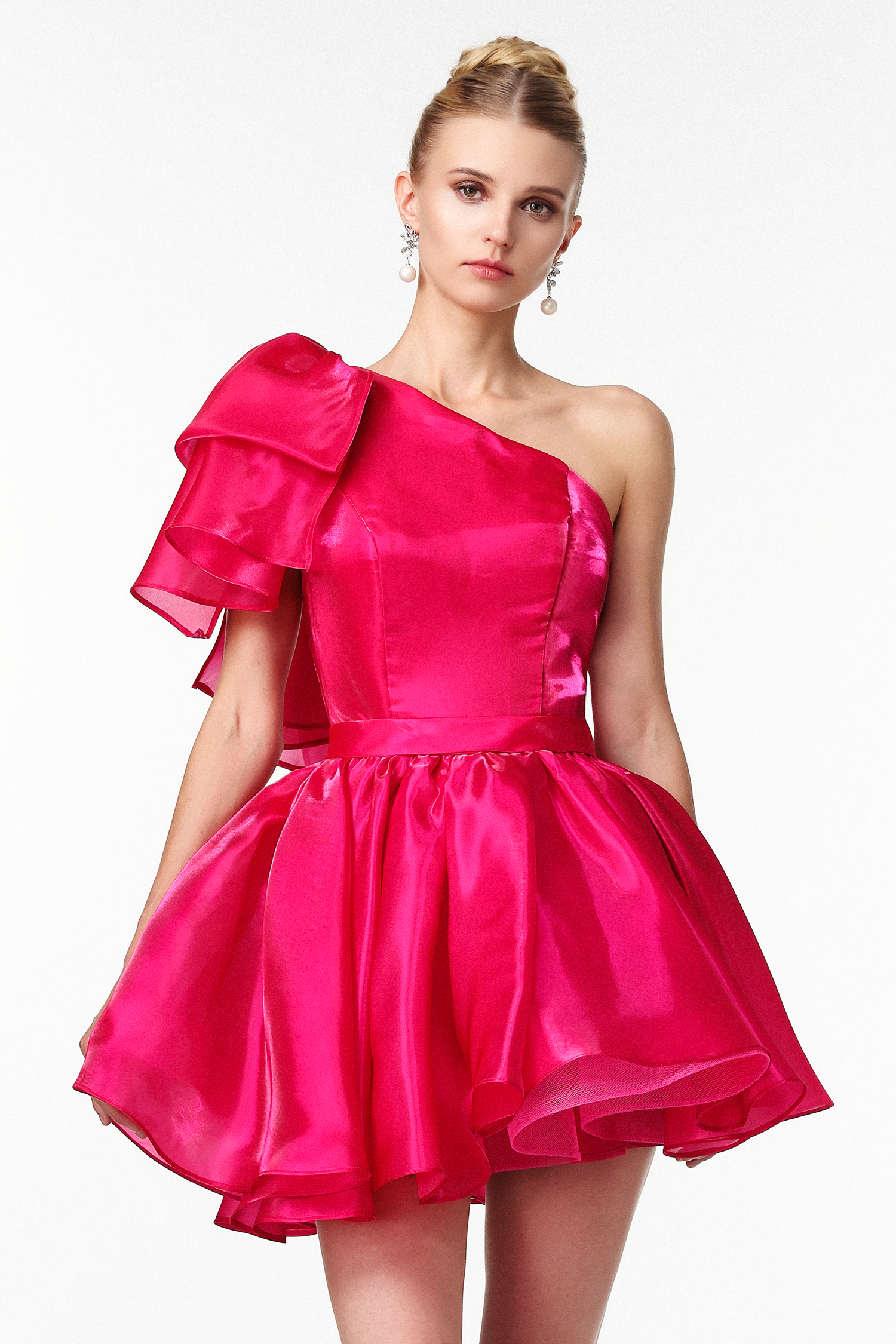 Selien Romantic Lustrous One Shoulder Bow Flounce Mini Dress