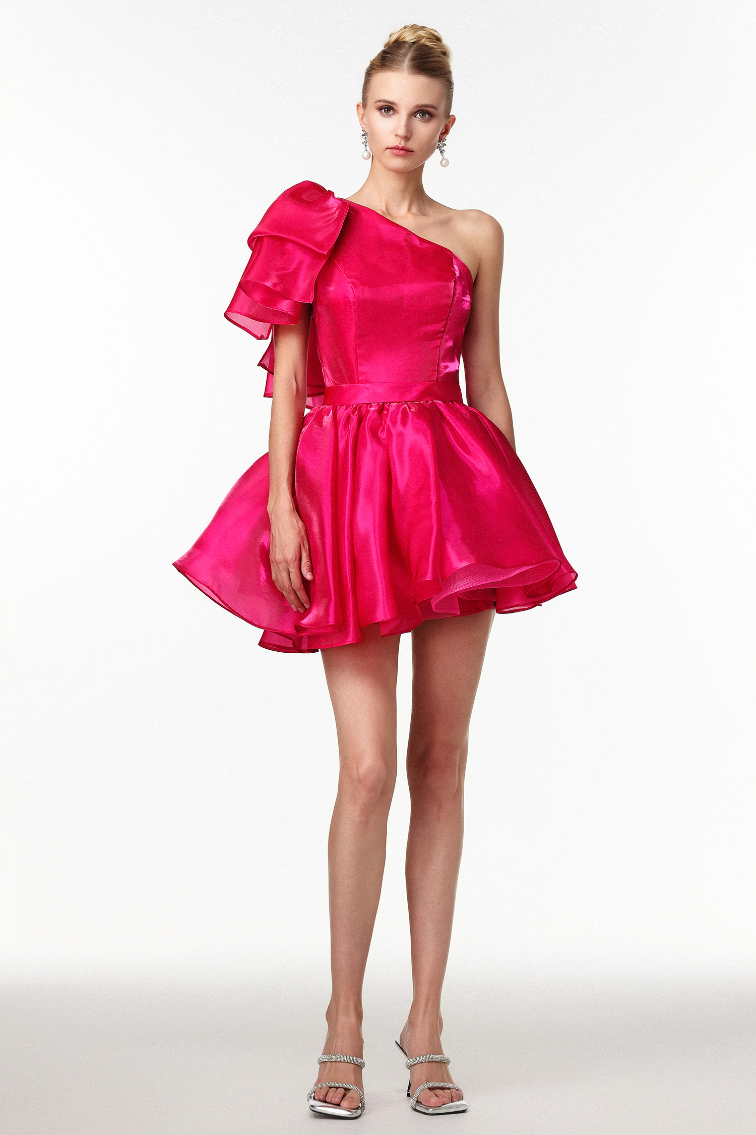 Selien Romantic Lustrous One Shoulder Bow Flounce Mini Dress