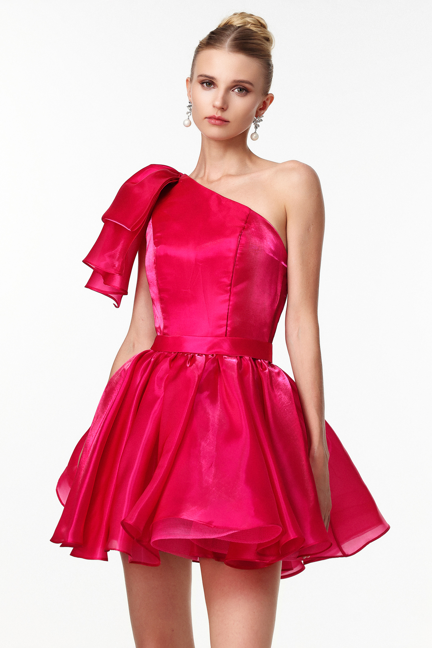Selien Romantic Lustrous One Shoulder Bow Flounce Mini Dress