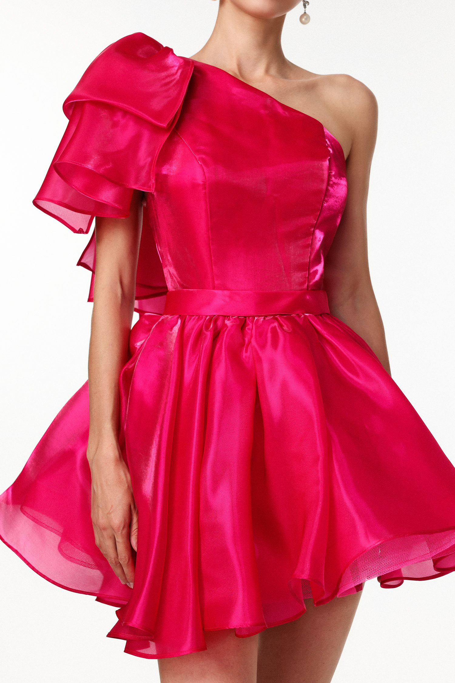 Selien Romantic Lustrous One Shoulder Bow Flounce Mini Dress