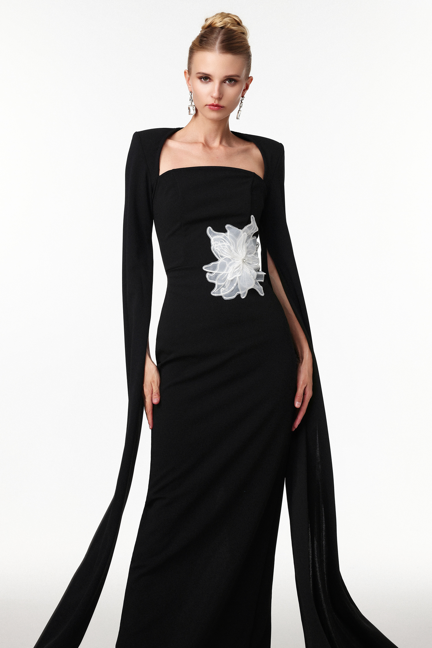 Pallas Elegant Tailored Cape Sleeve Floral Woven Maxi Dress