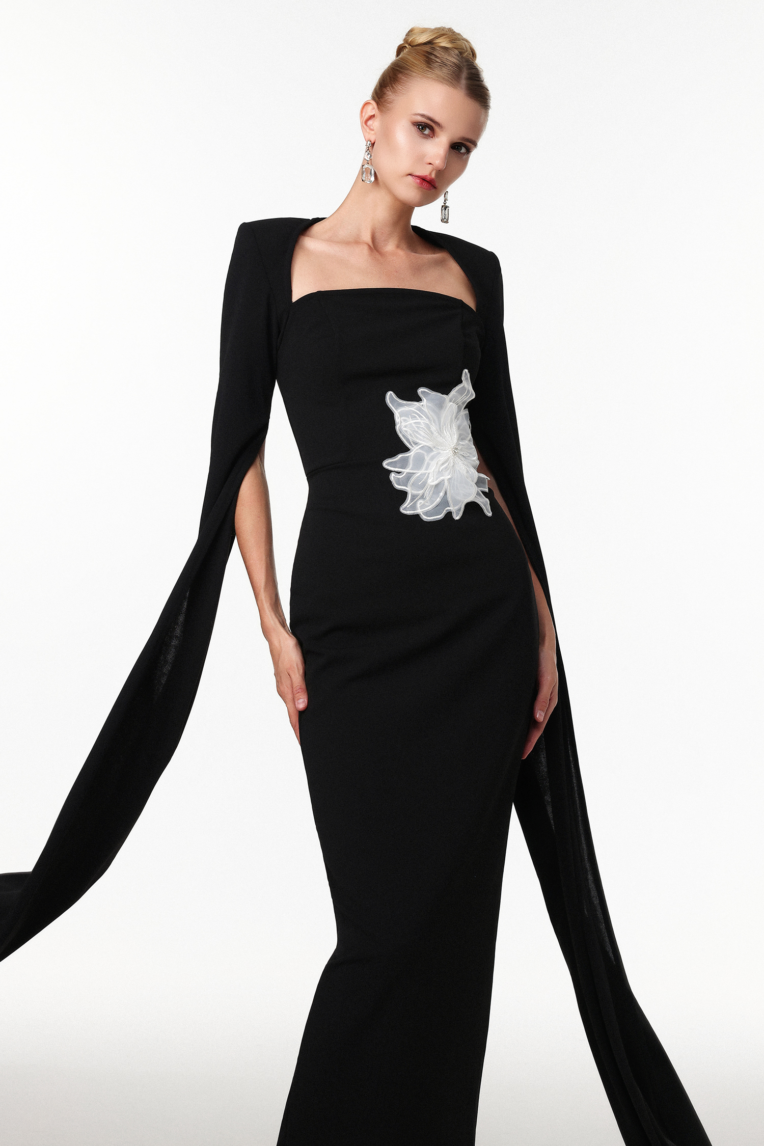 Pallas Elegant Tailored Cape Sleeve Floral Woven Maxi Dress