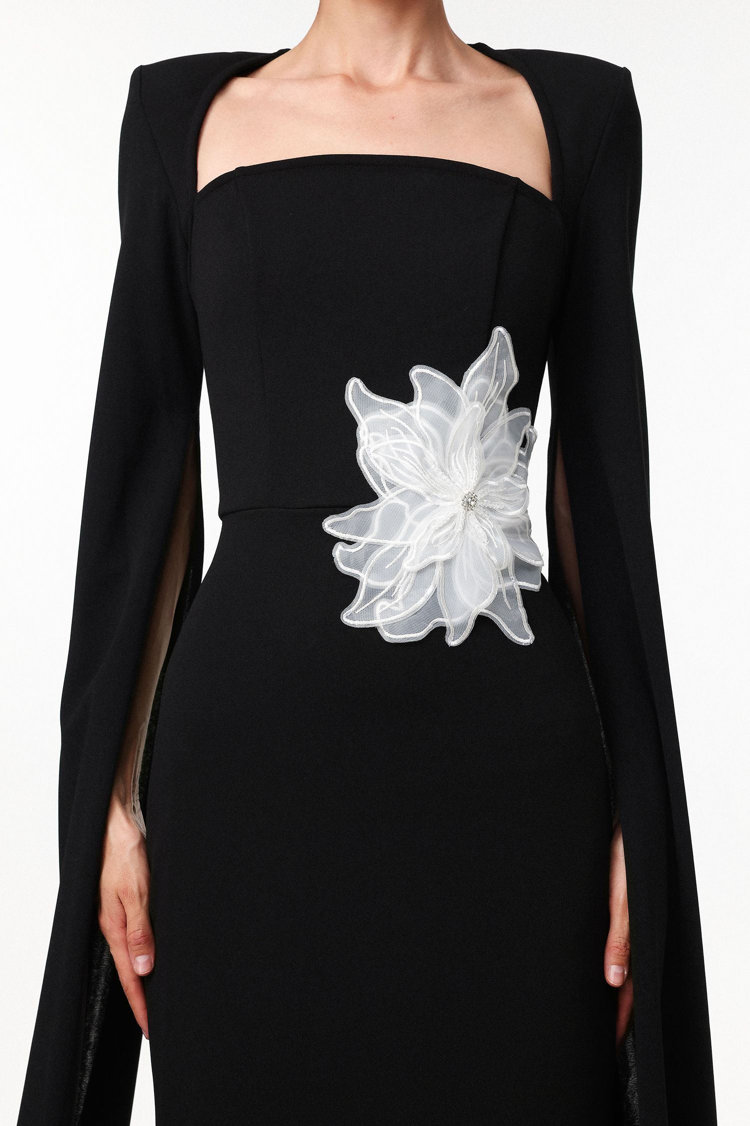 Pallas Elegant Tailored Cape Sleeve Floral Woven Maxi Dress