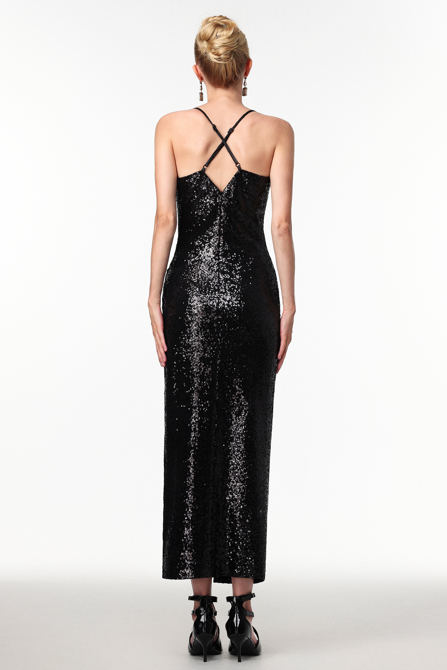 Katty Sexy Contour V Neck Sleeveless Slit Sequin Maxi Dress