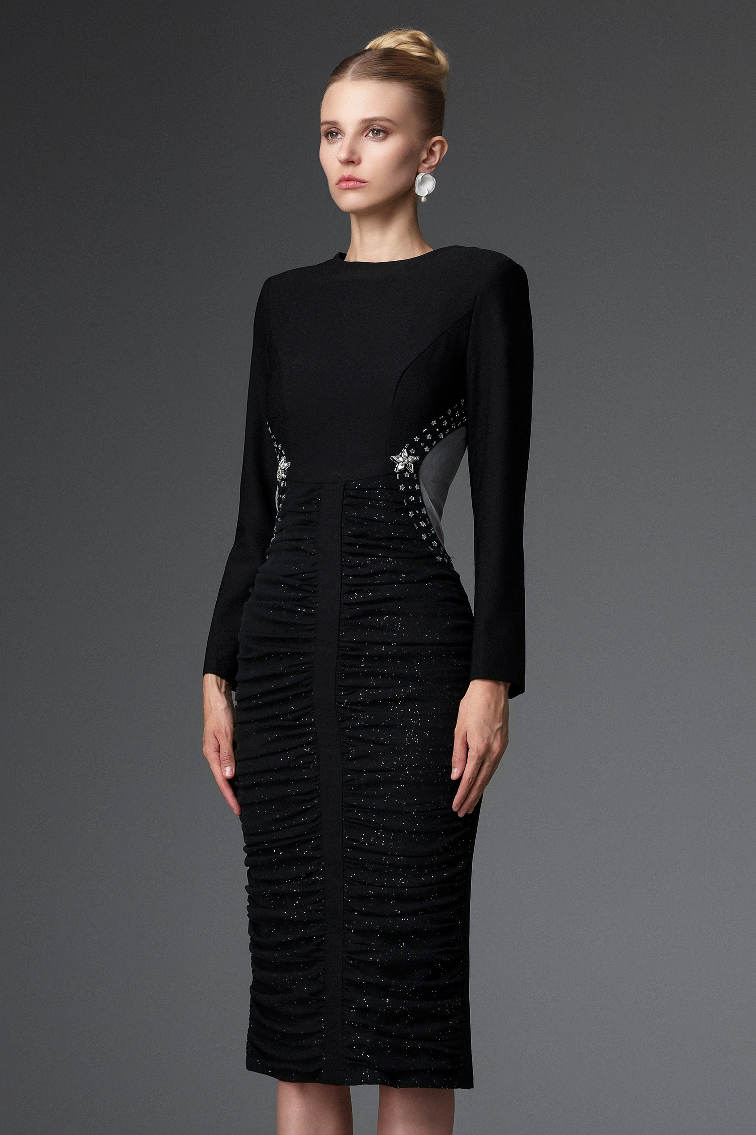 Starsha Elegant Contour Long Sleeve Ruched Sequin Maxi Dress
