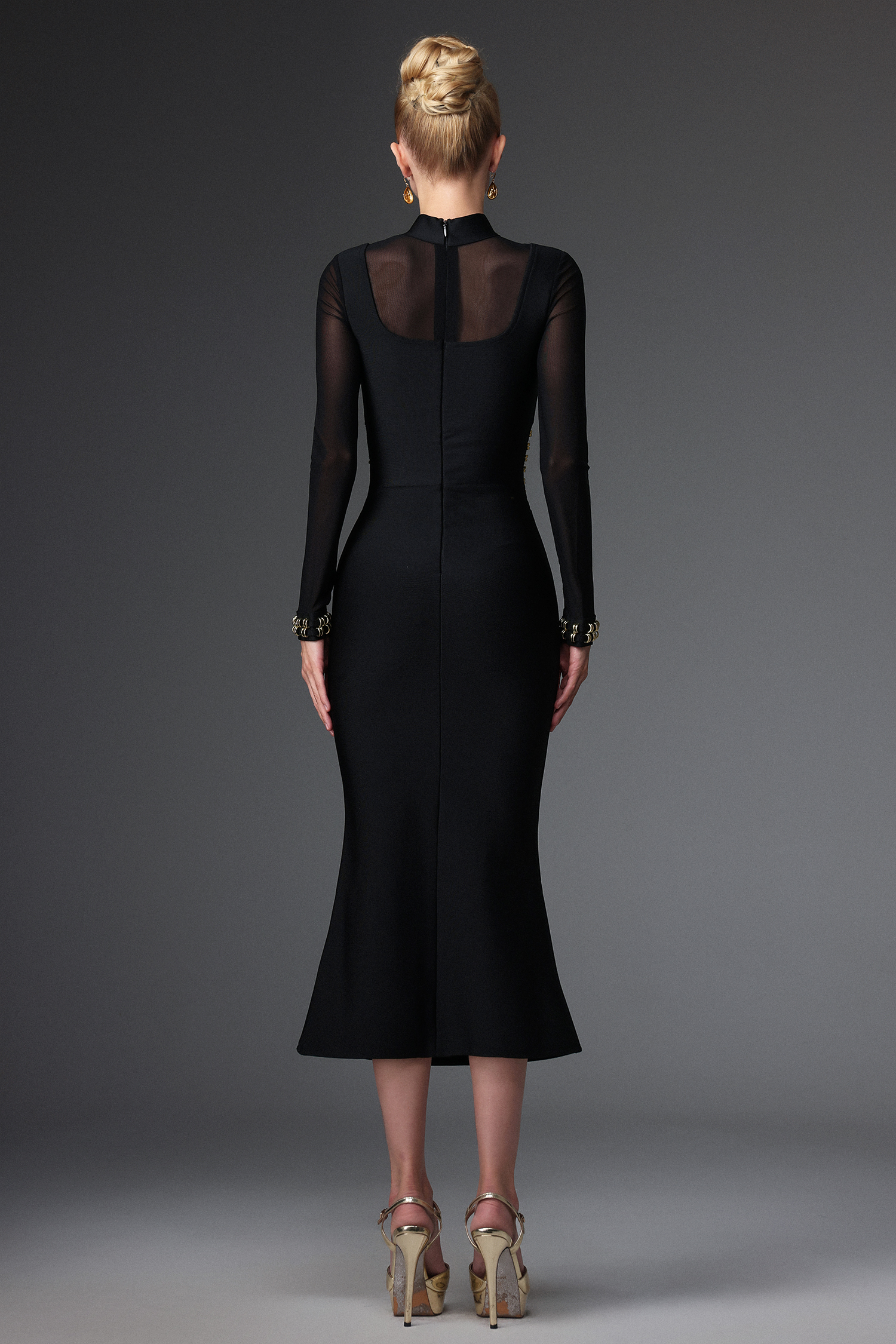 Eirene Sexy Contour Long Sleeve Mesh Bandage Maxi Dress