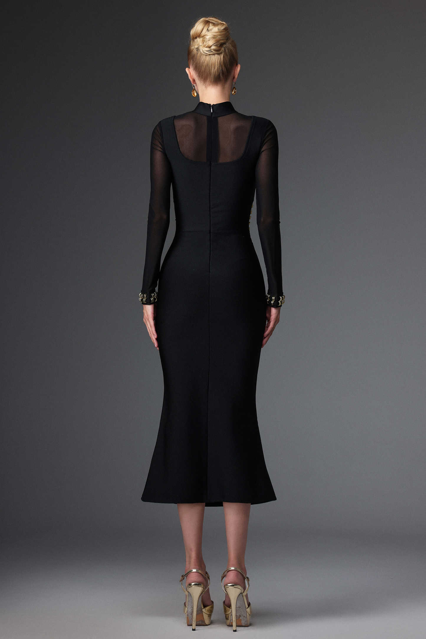 Eirene Sexy Contour Long Sleeve Mesh Bandage Maxi Dress