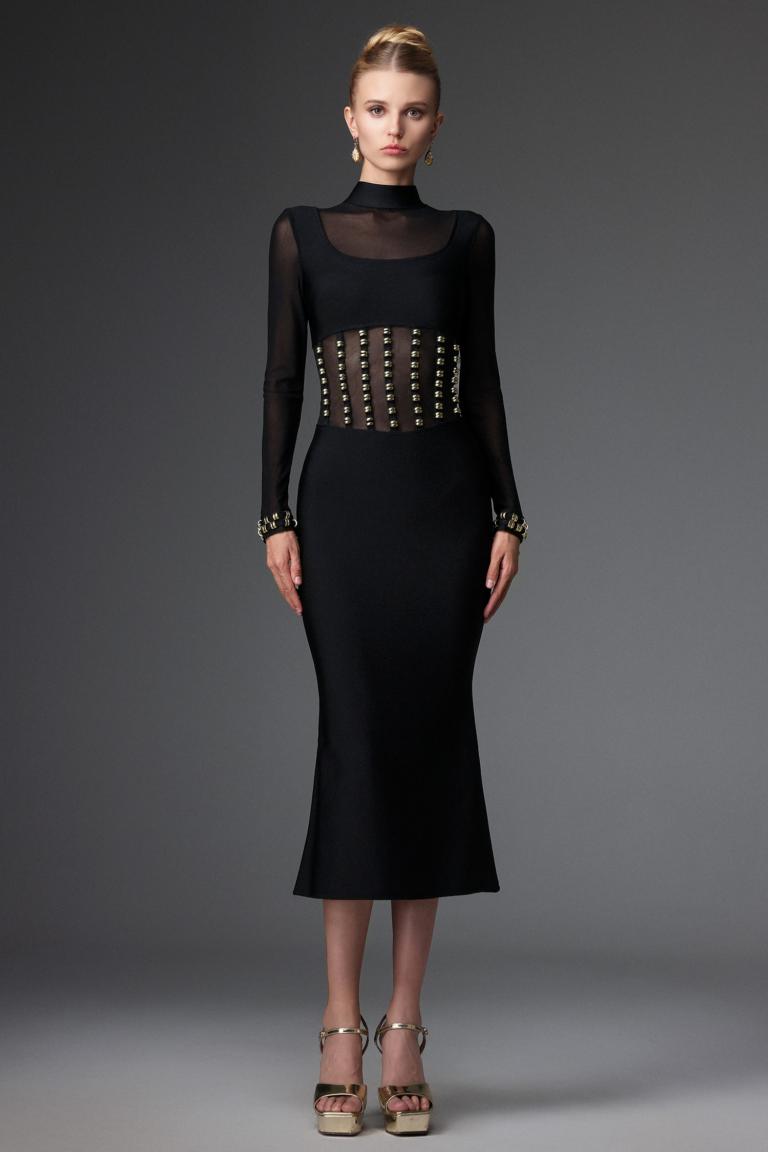 Eirene Sexy Contour Long Sleeve Mesh Bandage Maxi Dress