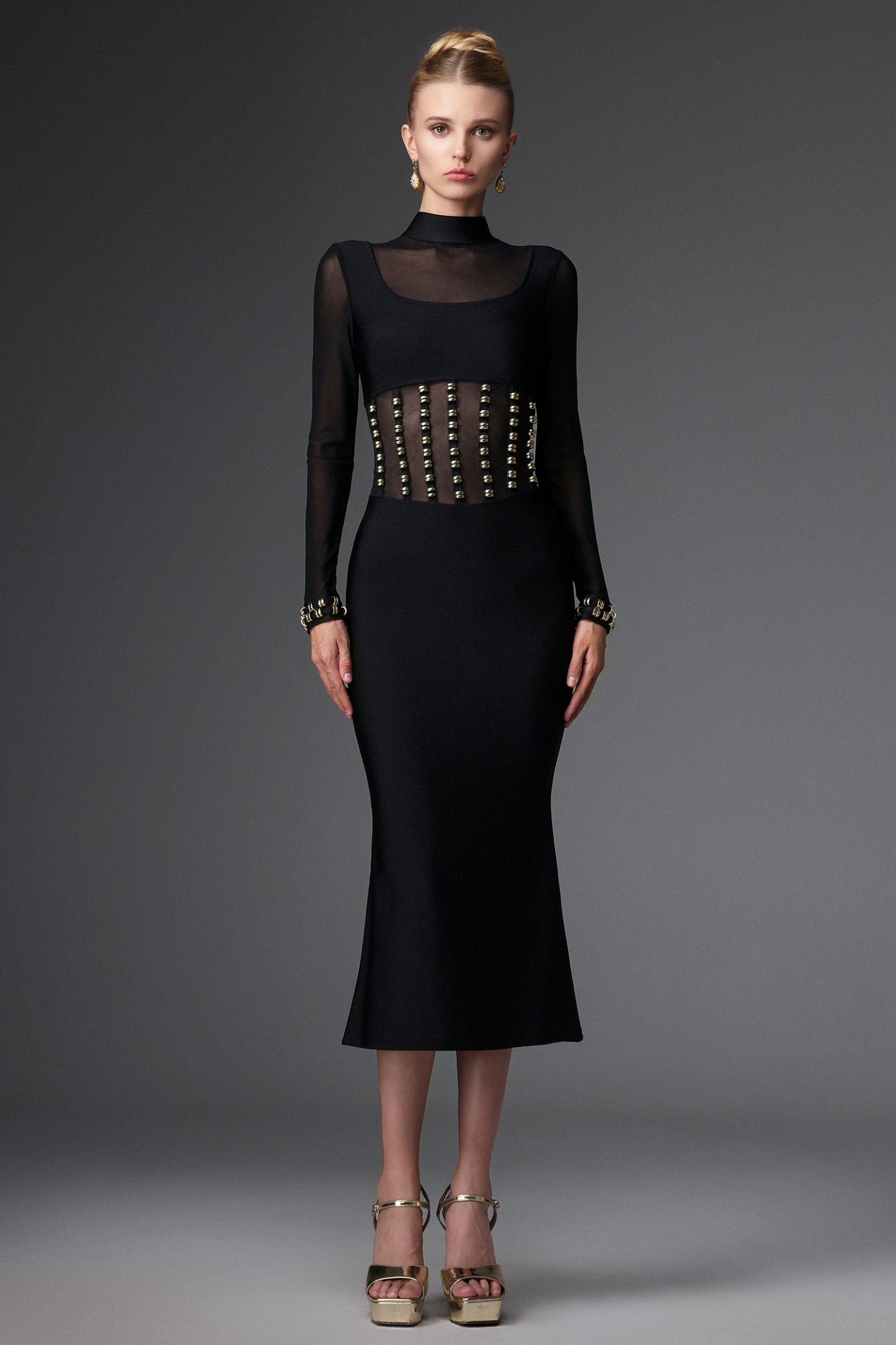 Eirene Sexy Contour Long Sleeve Mesh Bandage Maxi Dress