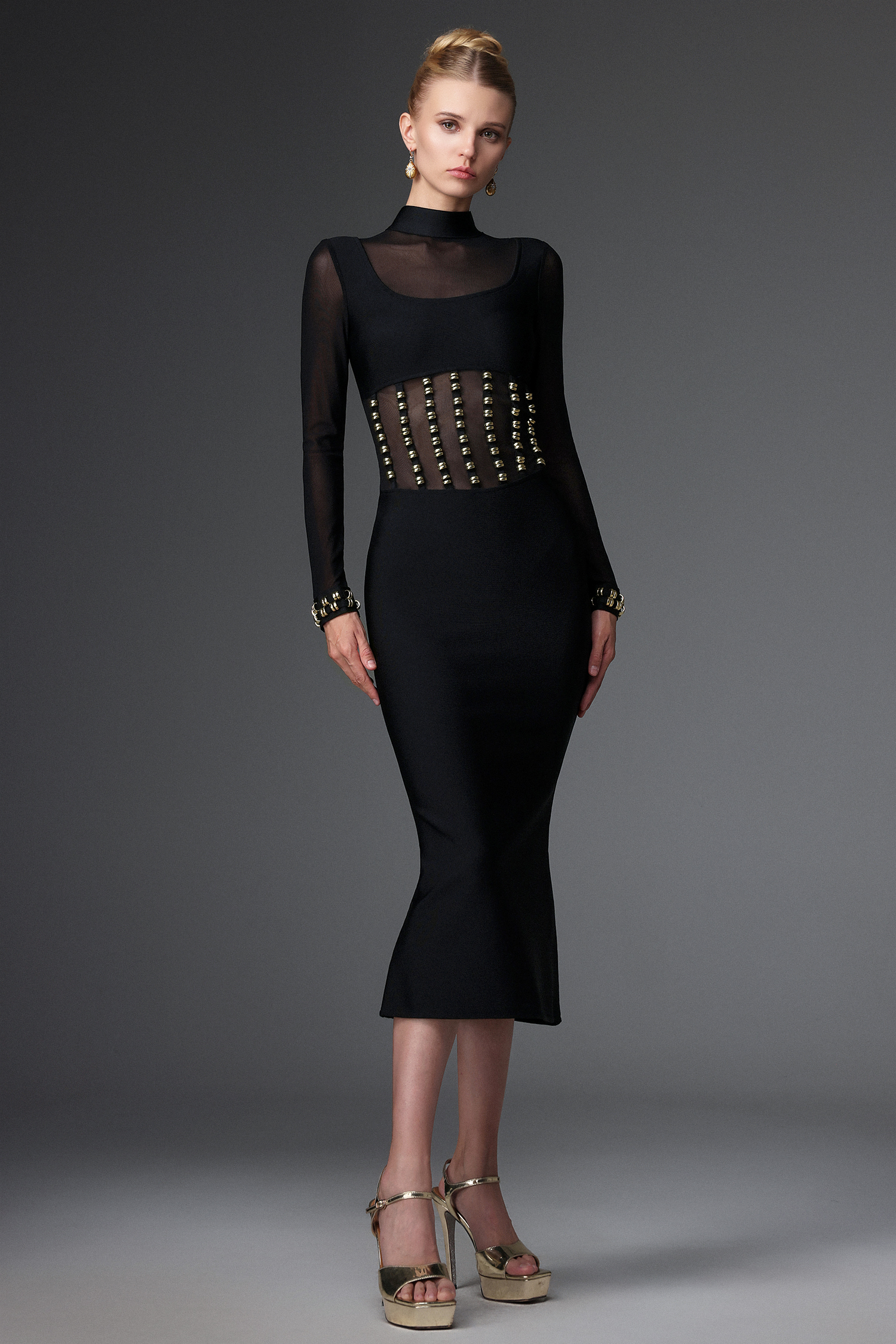 Eirene Sexy Contour Long Sleeve Mesh Bandage Maxi Dress