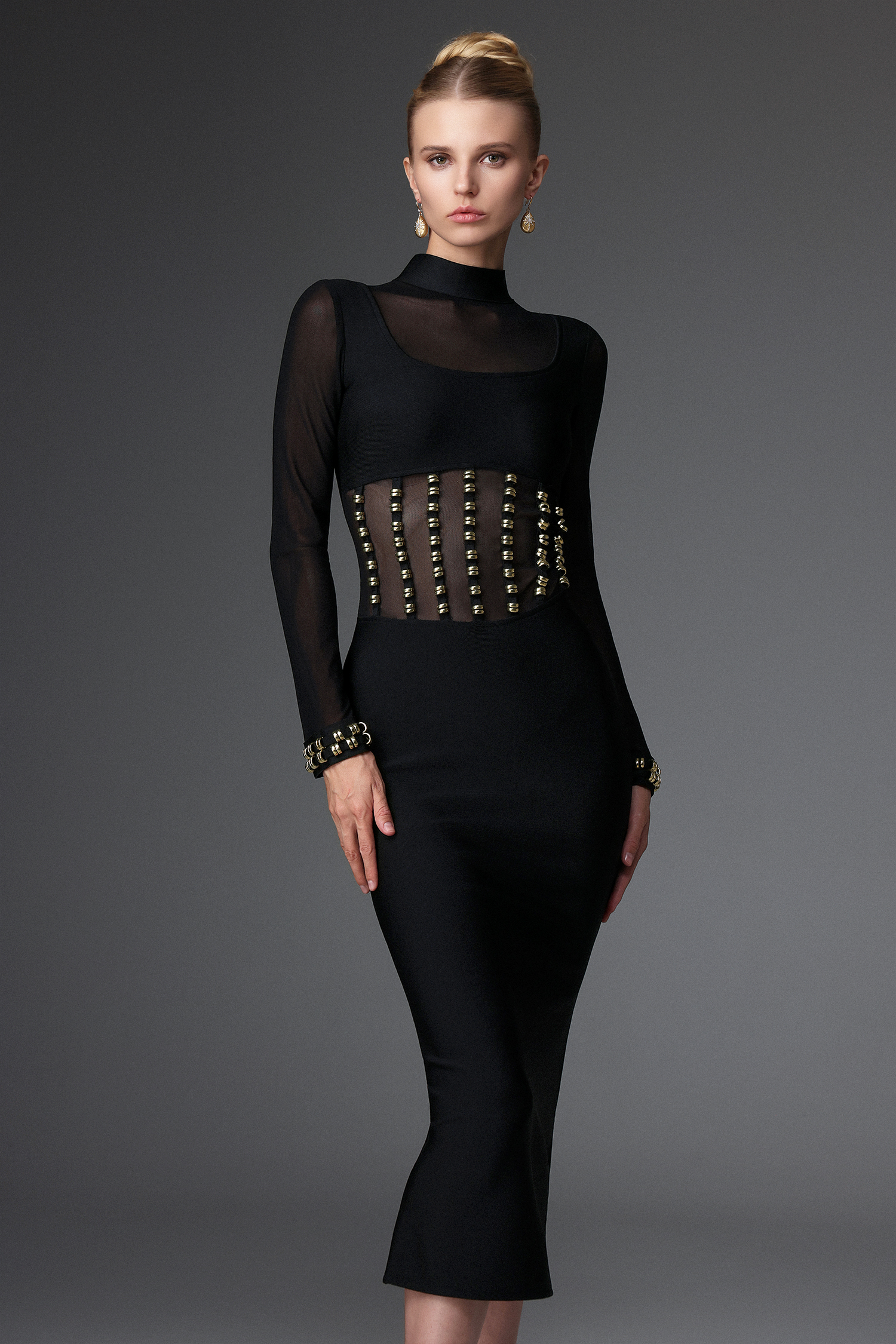 Eirene Sexy Contour Long Sleeve Mesh Bandage Maxi Dress