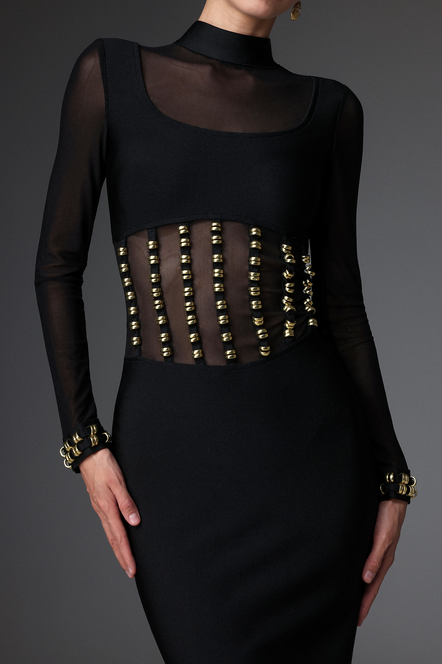 Eirene Sexy Contour Long Sleeve Mesh Bandage Maxi Dress