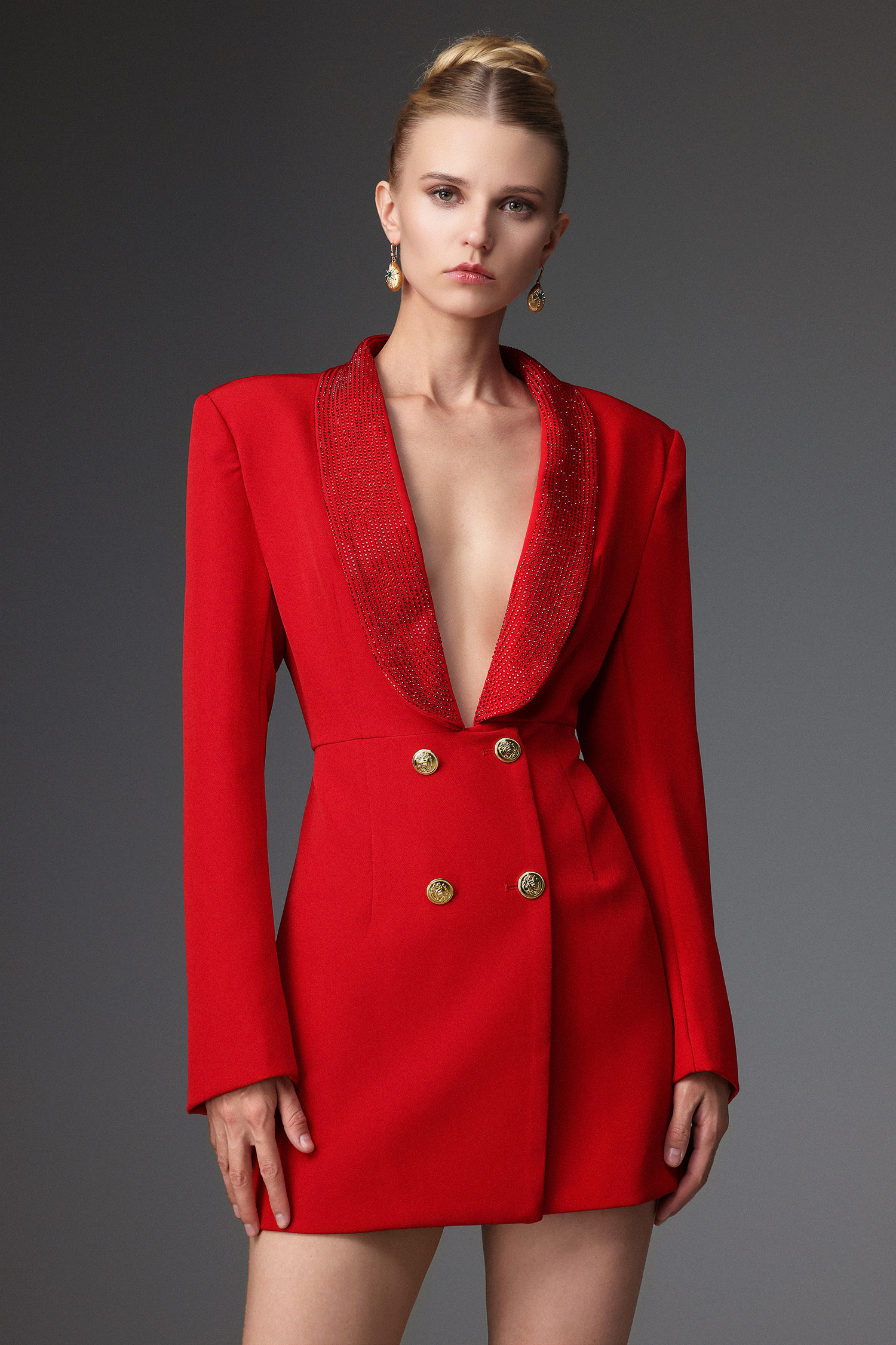Rey Sexy Tailored Long Sleeve Deep V Rhinestone Lapel Blazer Dress