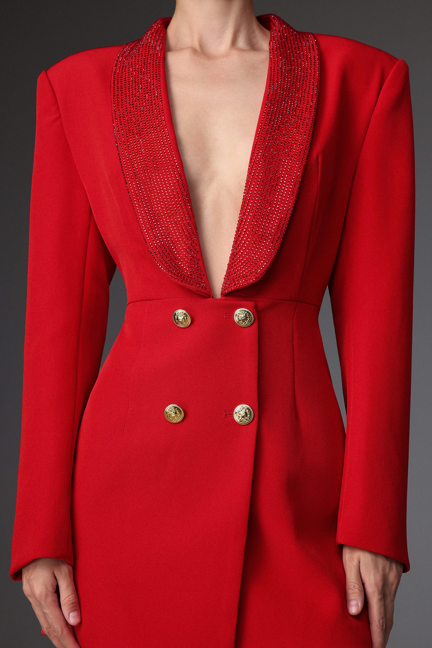 Rey Sexy Tailored Long Sleeve Deep V Rhinestone Lapel Blazer Dress