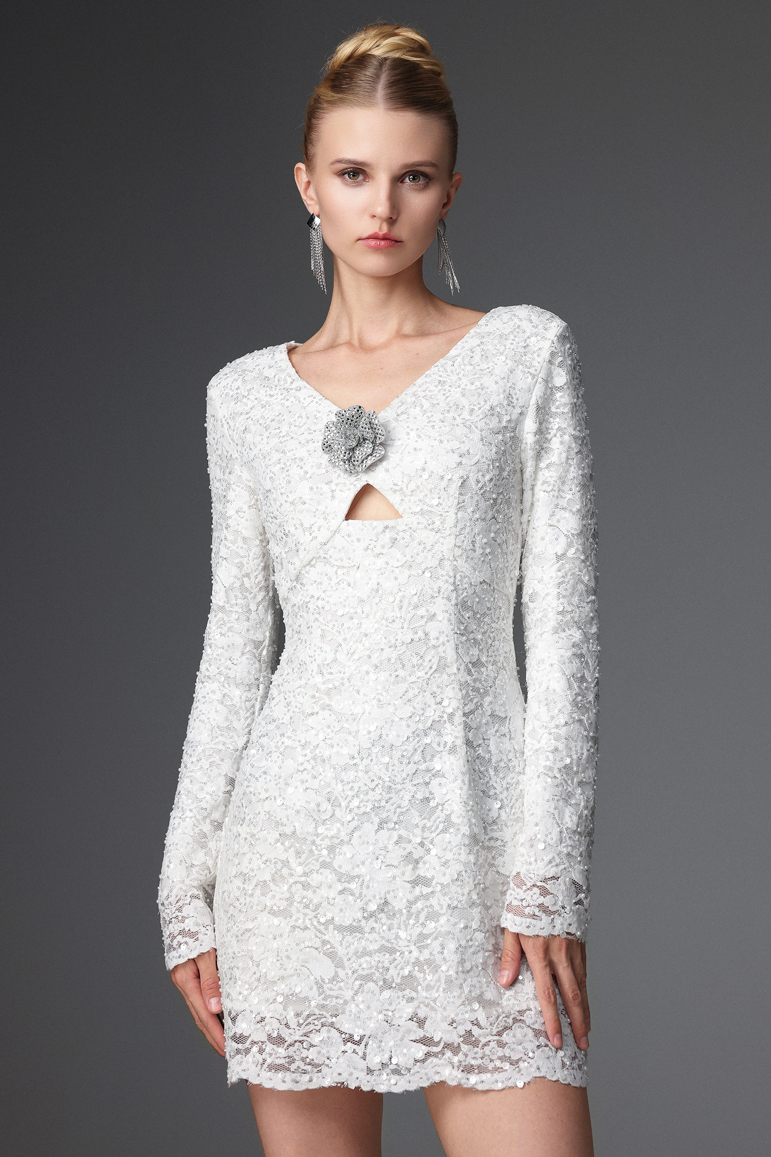 Wyatt Romantic Embellished Long Sleeve Cut Out Floral Sequin Lace