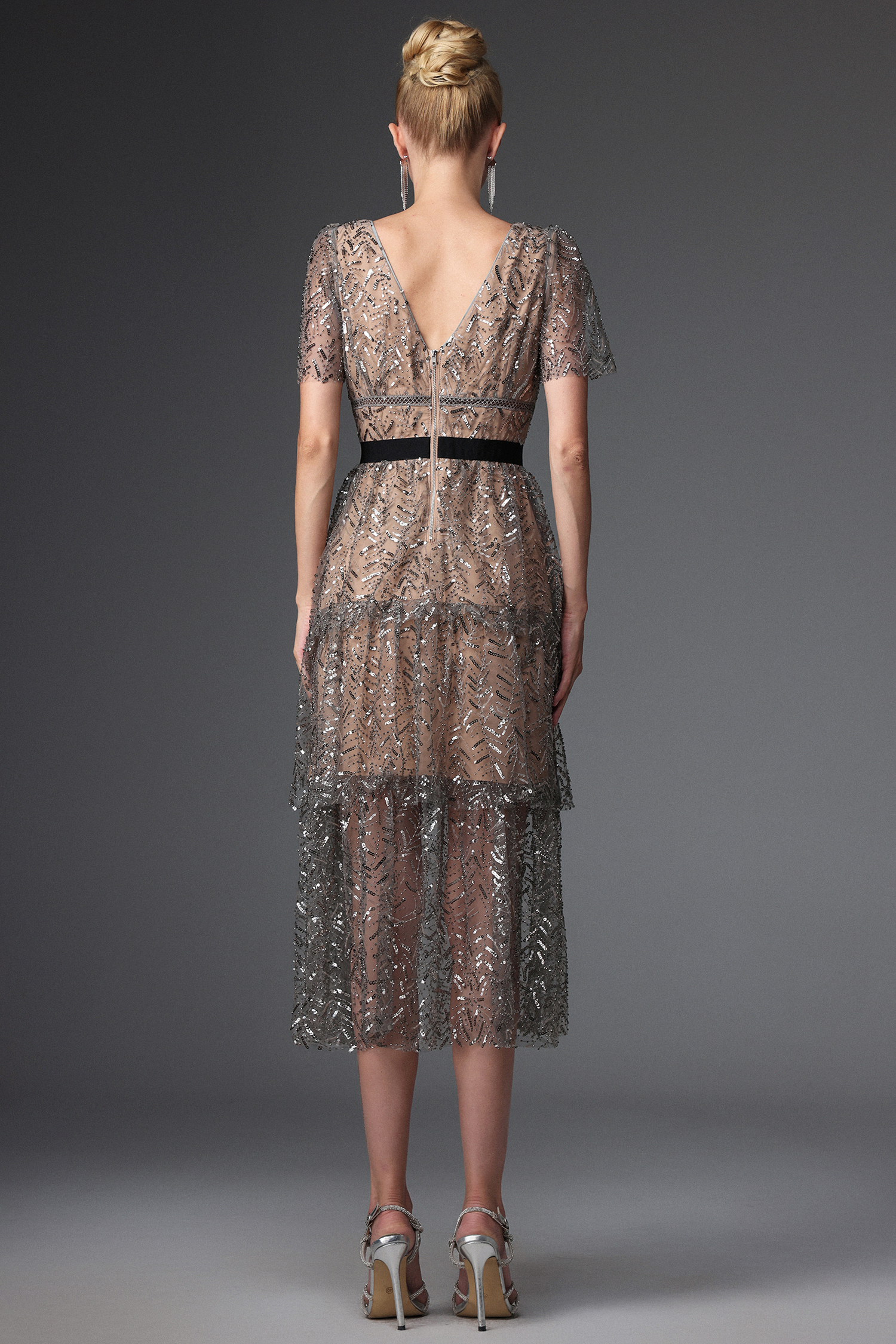 Hazel Elegant Embellished V Neck Sequin Maxi Dress