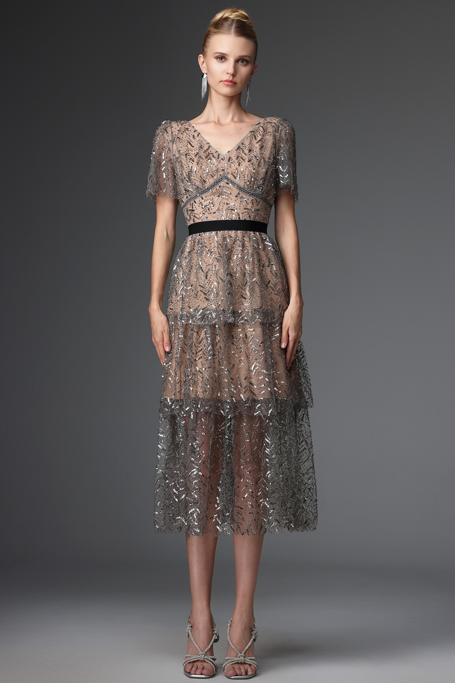 Hazel Elegant Embellished V Neck Sequin Maxi Dress