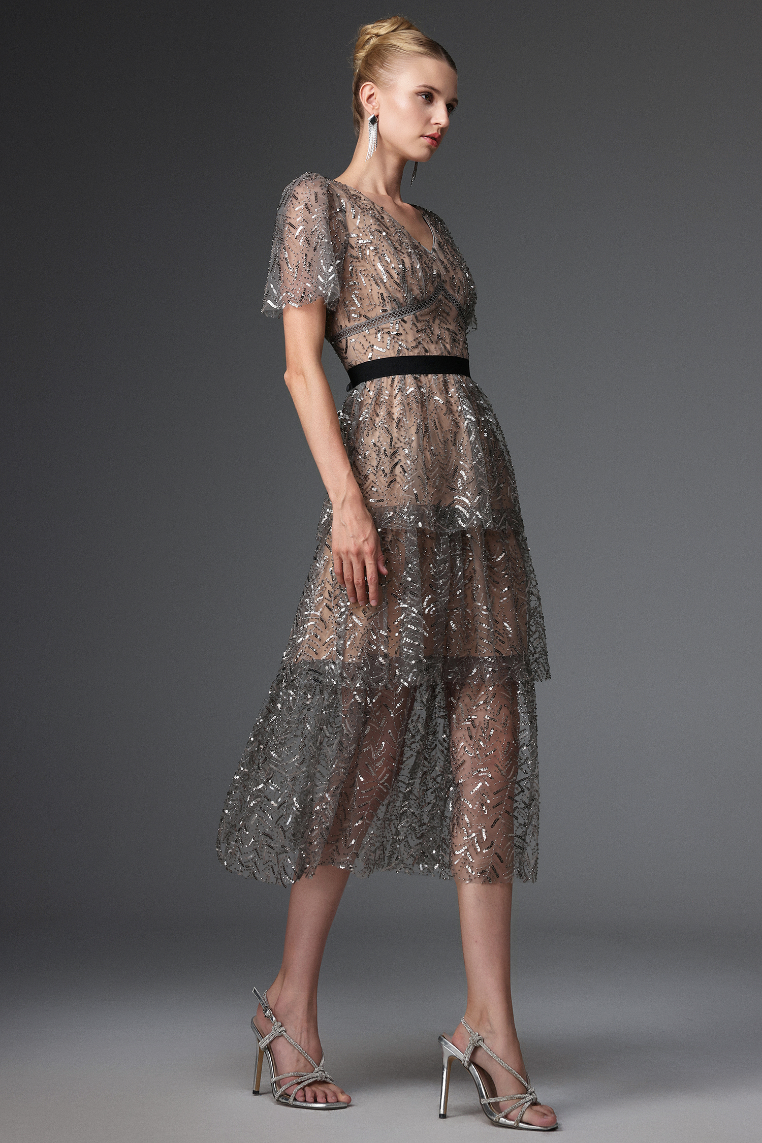 Hazel Elegant Embellished V Neck Sequin Maxi Dress