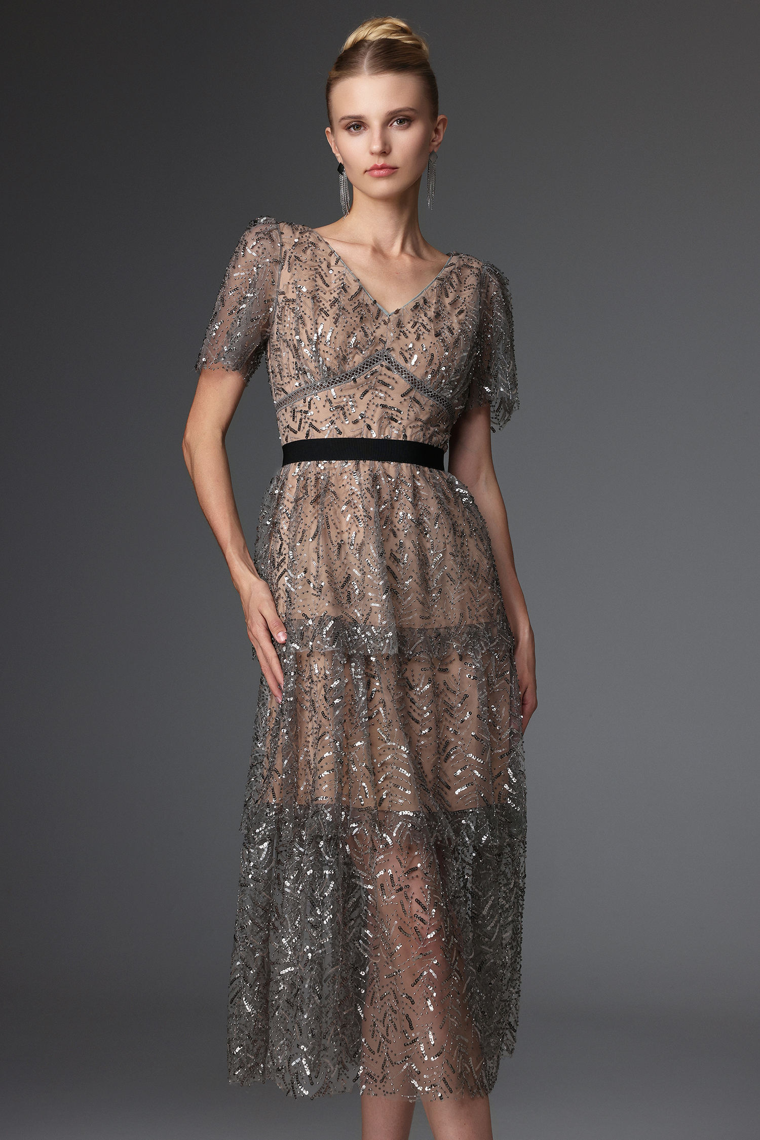 Hazel Elegant Embellished V Neck Sequin Maxi Dress