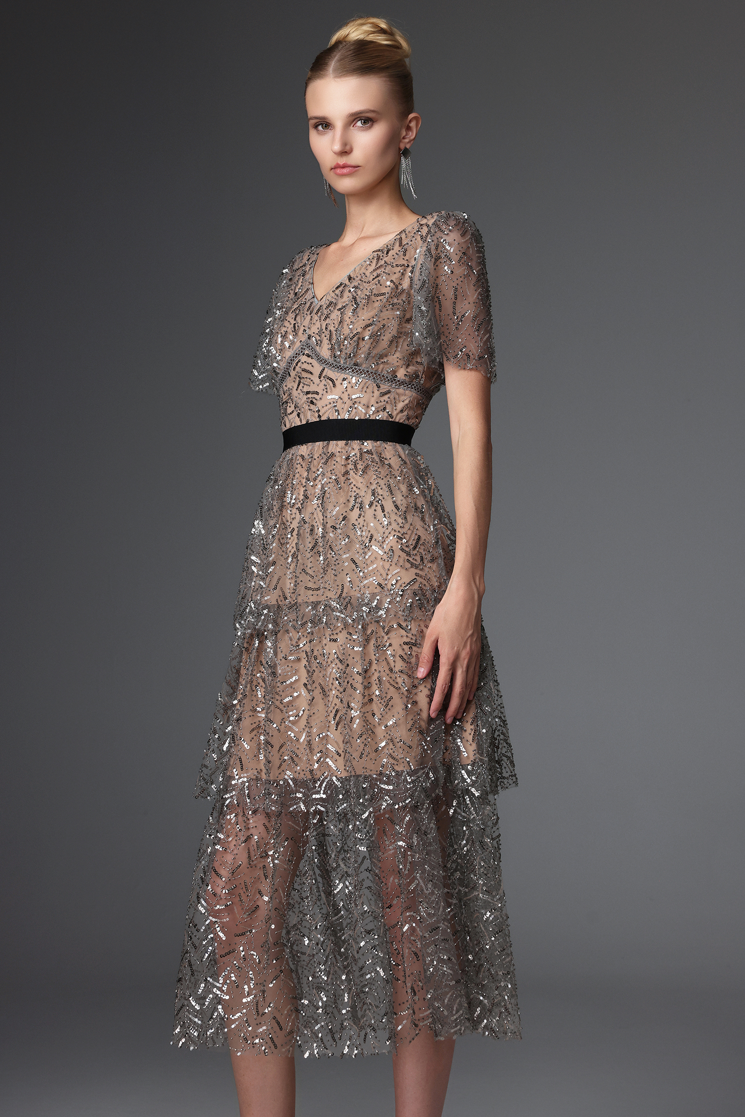 Hazel Elegant Embellished V Neck Sequin Maxi Dress