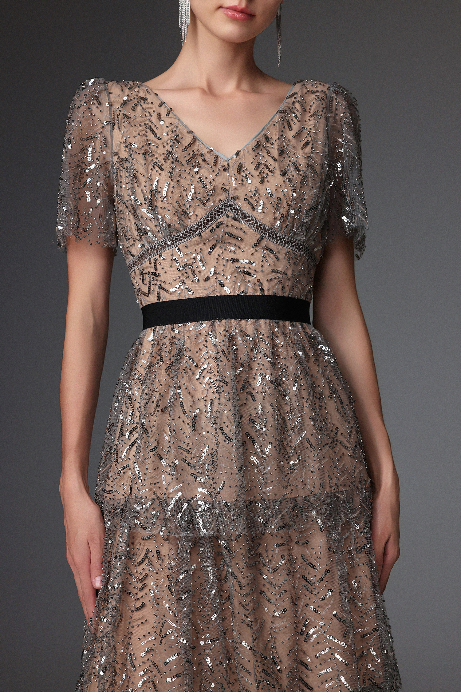 Hazel Elegant Embellished V Neck Sequin Maxi Dress