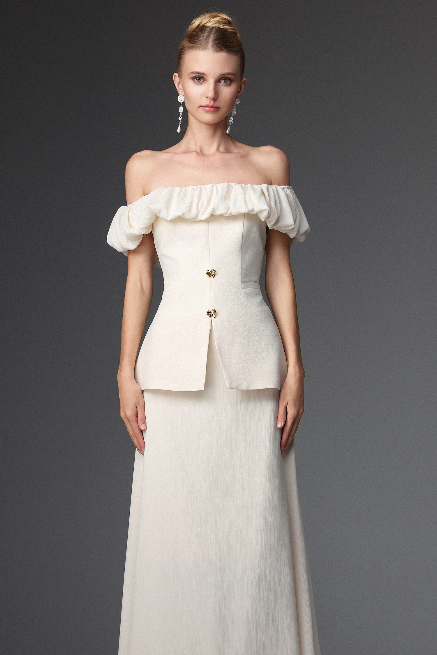 Mamie Elegant Tailored Off Shoulder Ruched Two Piece Set