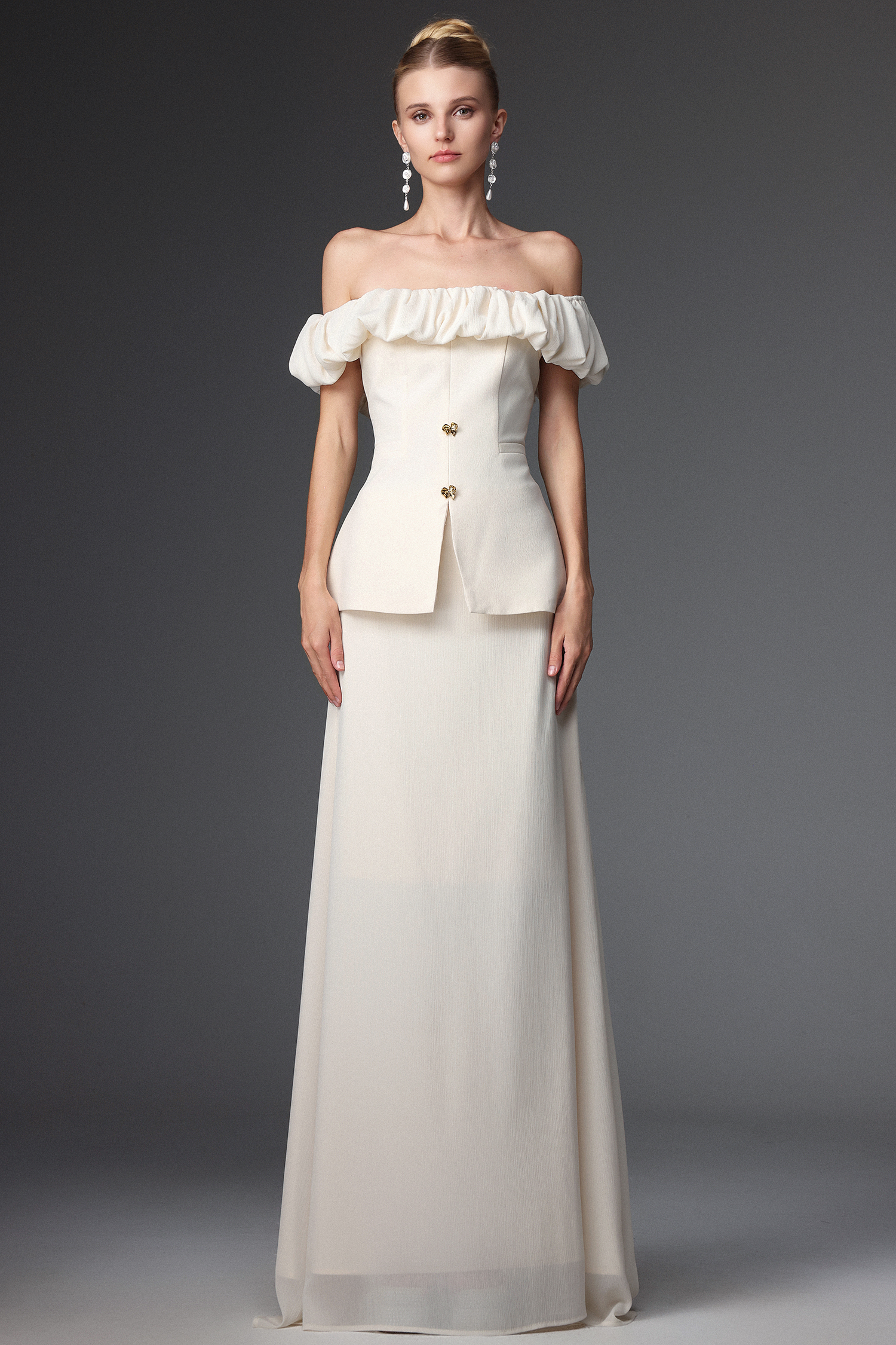 Mamie Elegant Tailored Off Shoulder Ruched Two Piece Set