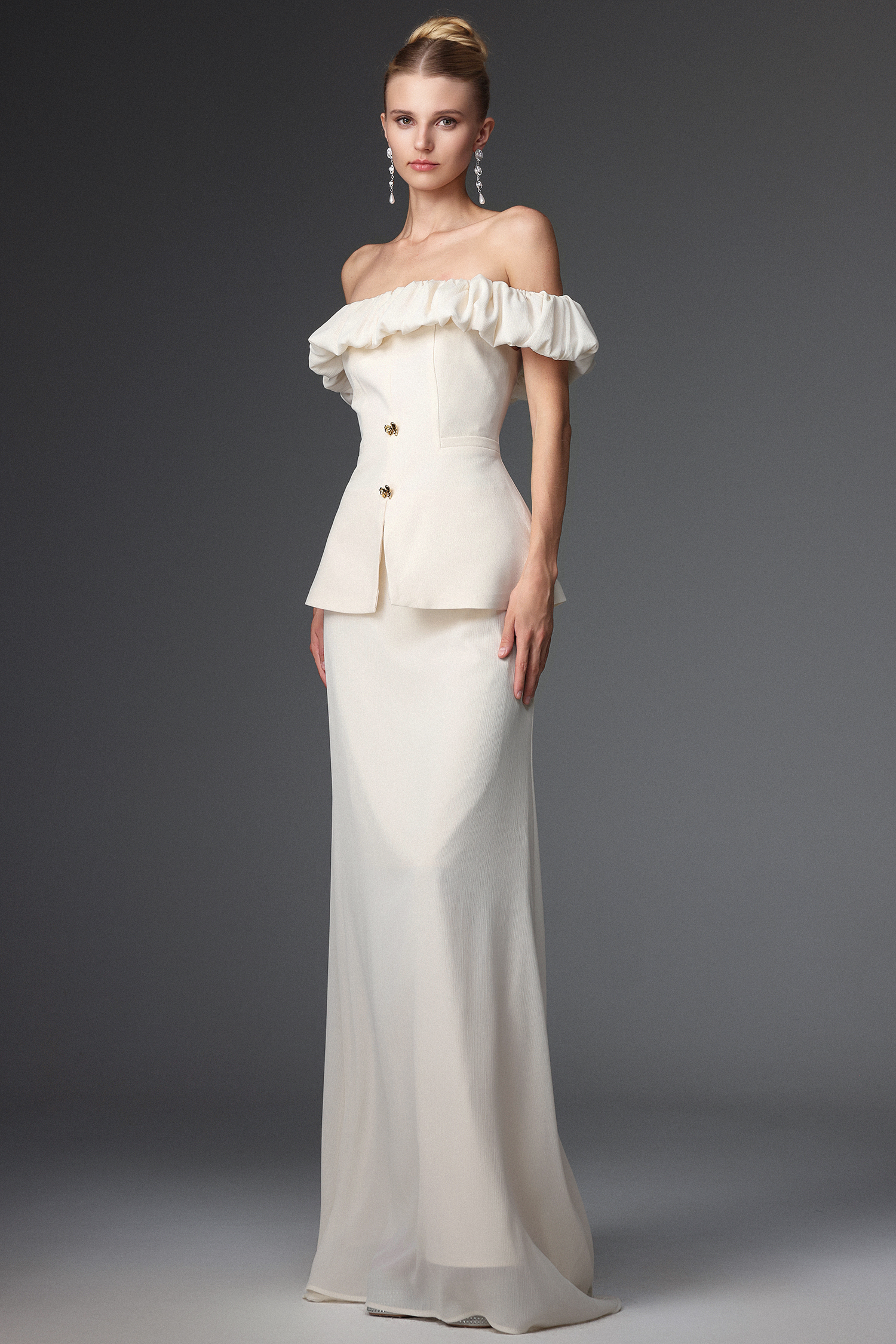 Mamie Elegant Tailored Off Shoulder Ruched Two Piece Set