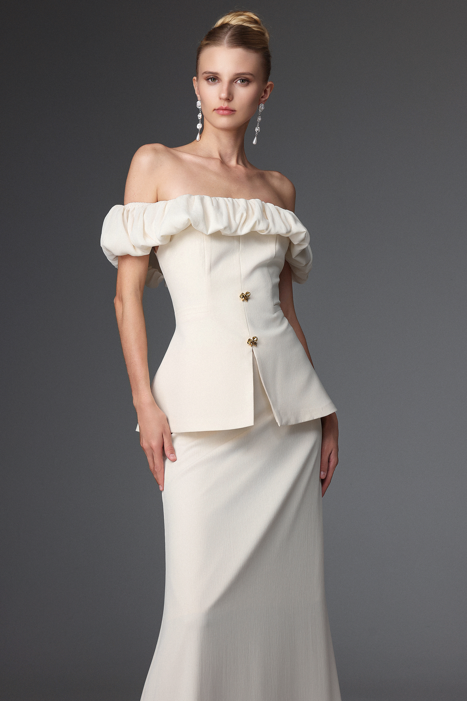 Mamie Elegant Tailored Off Shoulder Ruched Two Piece Set