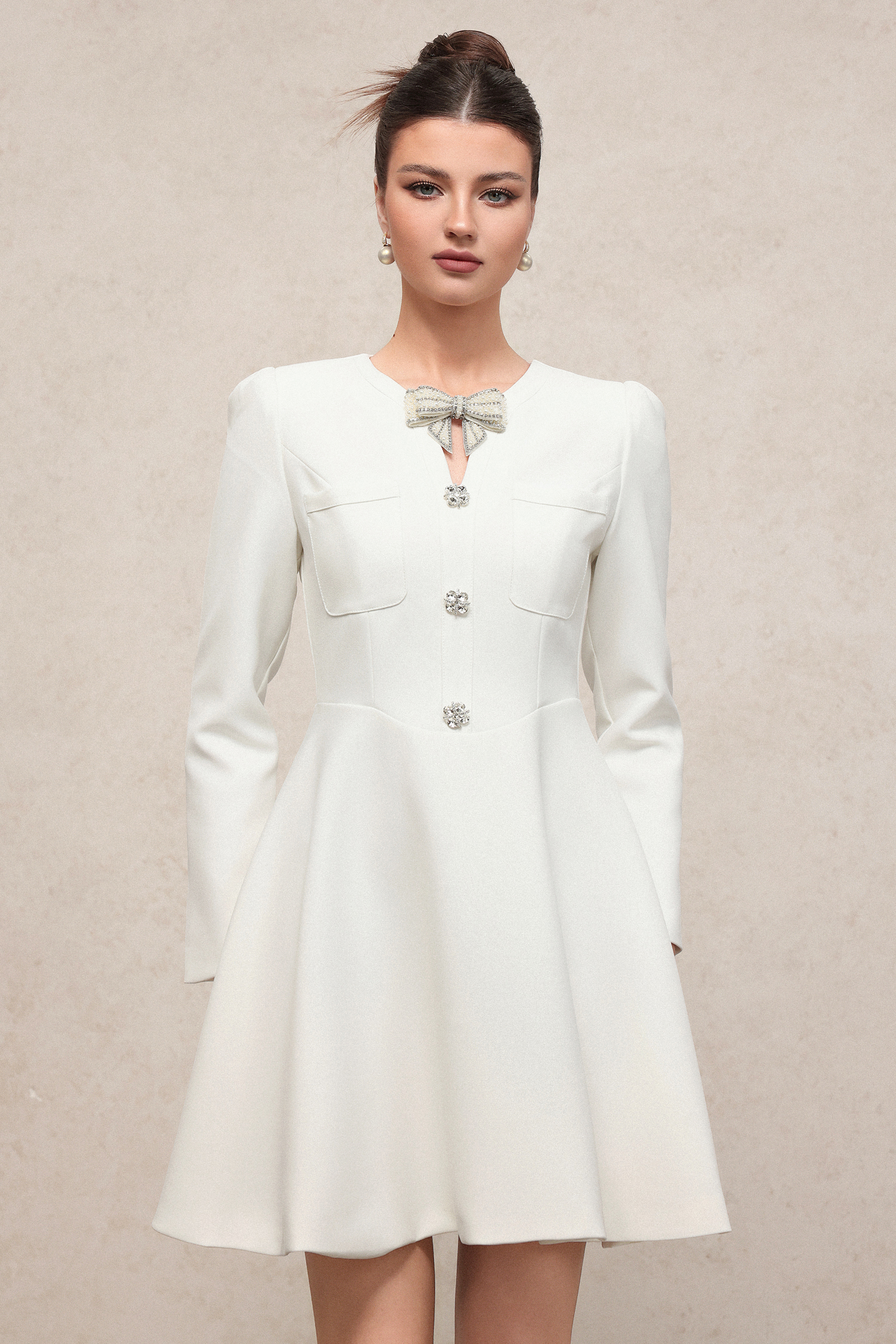 Gacia Elegant Contour Long Sleeve Rhinestone Bow Knit Mini Dress