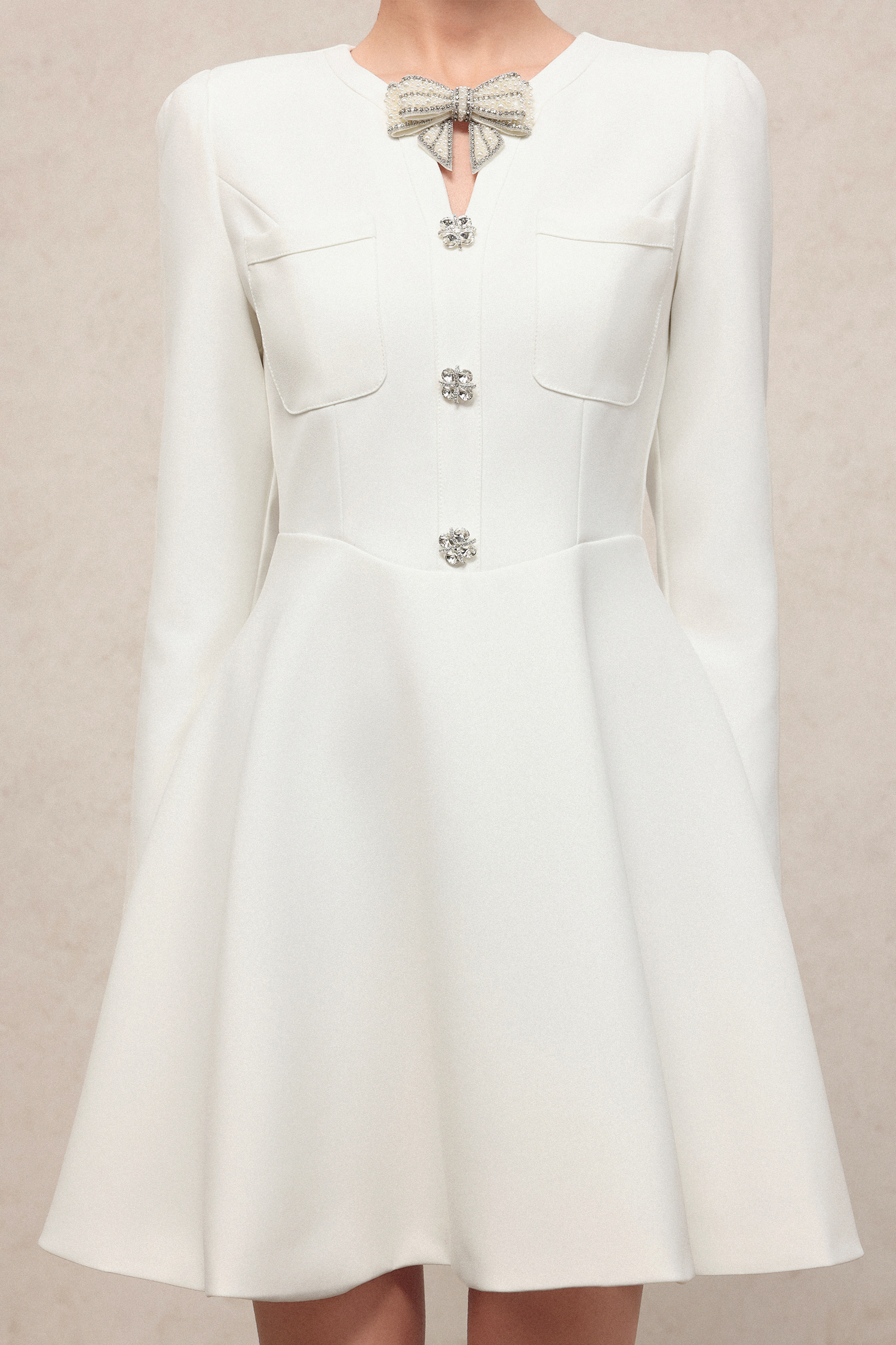 Gacia Elegant Contour Long Sleeve Rhinestone Bow Knit Mini Dress