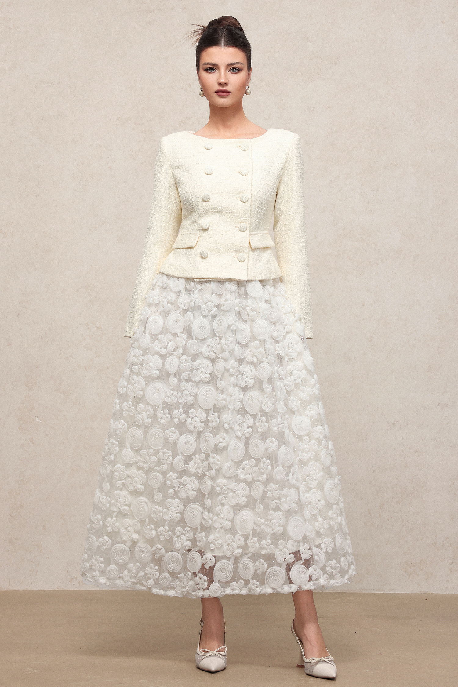 Ferean Classic Flowy Round Neck Long Sleeve Woven Top And Skirt Two-Piece Set