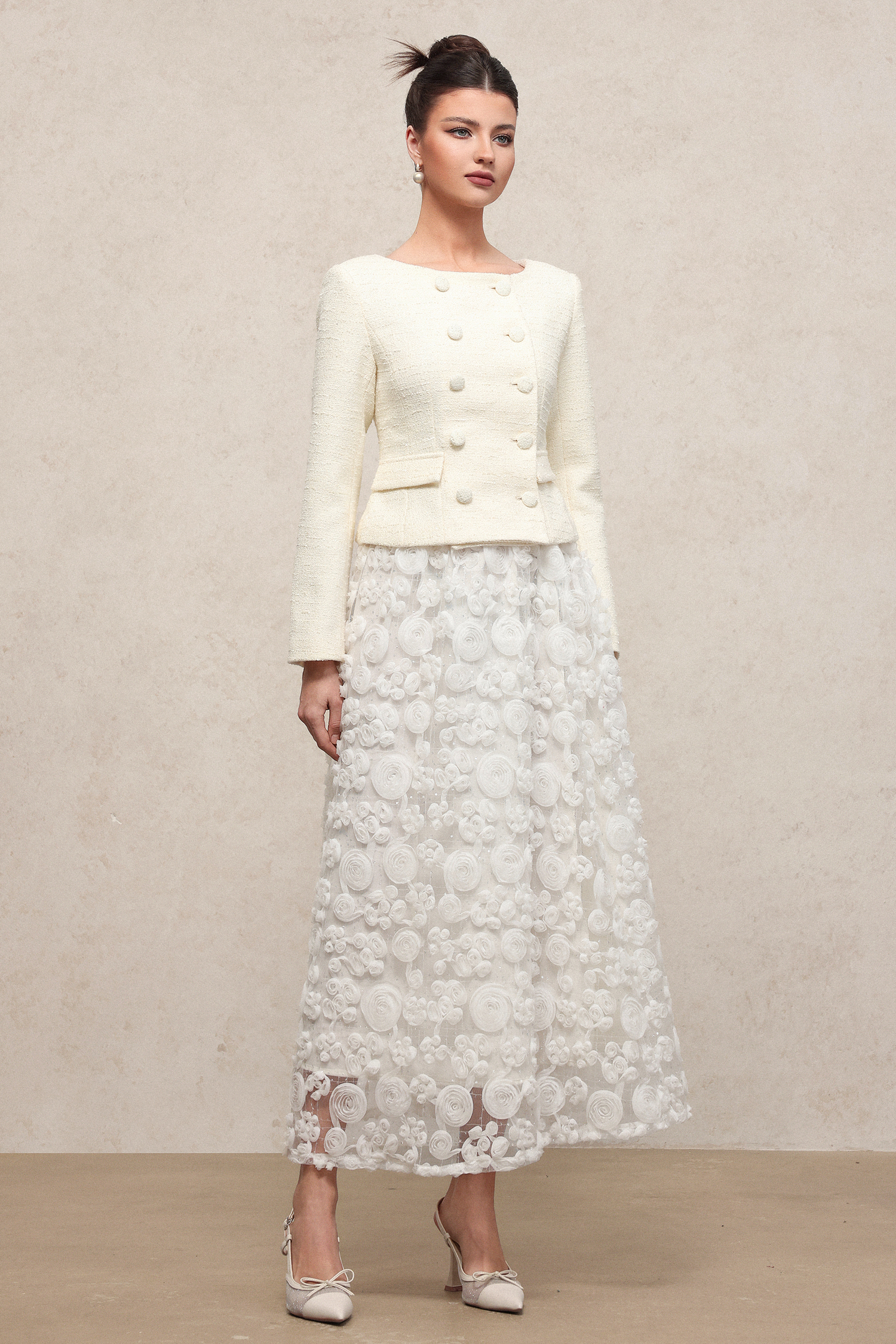 Ferean Classic Flowy Round Neck Long Sleeve Woven Top And Skirt Two-Piece Set