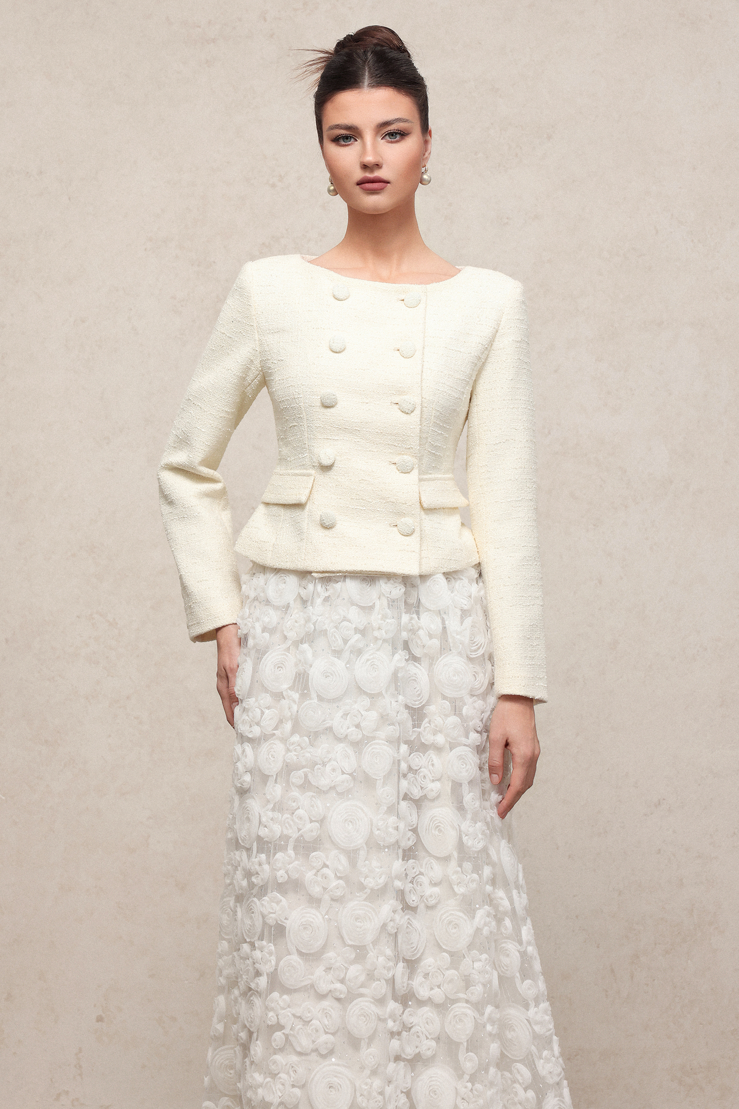 Ferean Classic Flowy Round Neck Long Sleeve Woven Top And Skirt Two-Piece Set