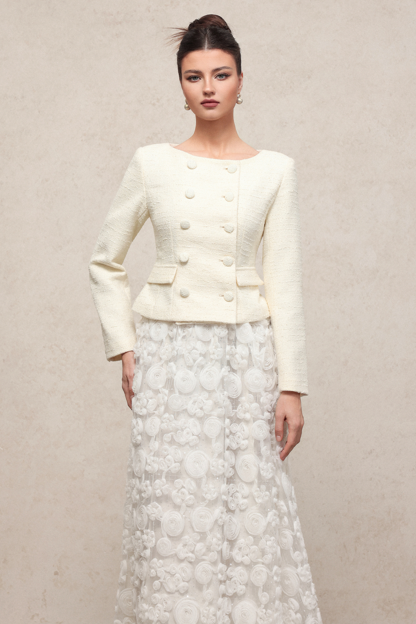 Ferean Classic Flowy Round Neck Long Sleeve Woven Top And Skirt Two-Piece Set