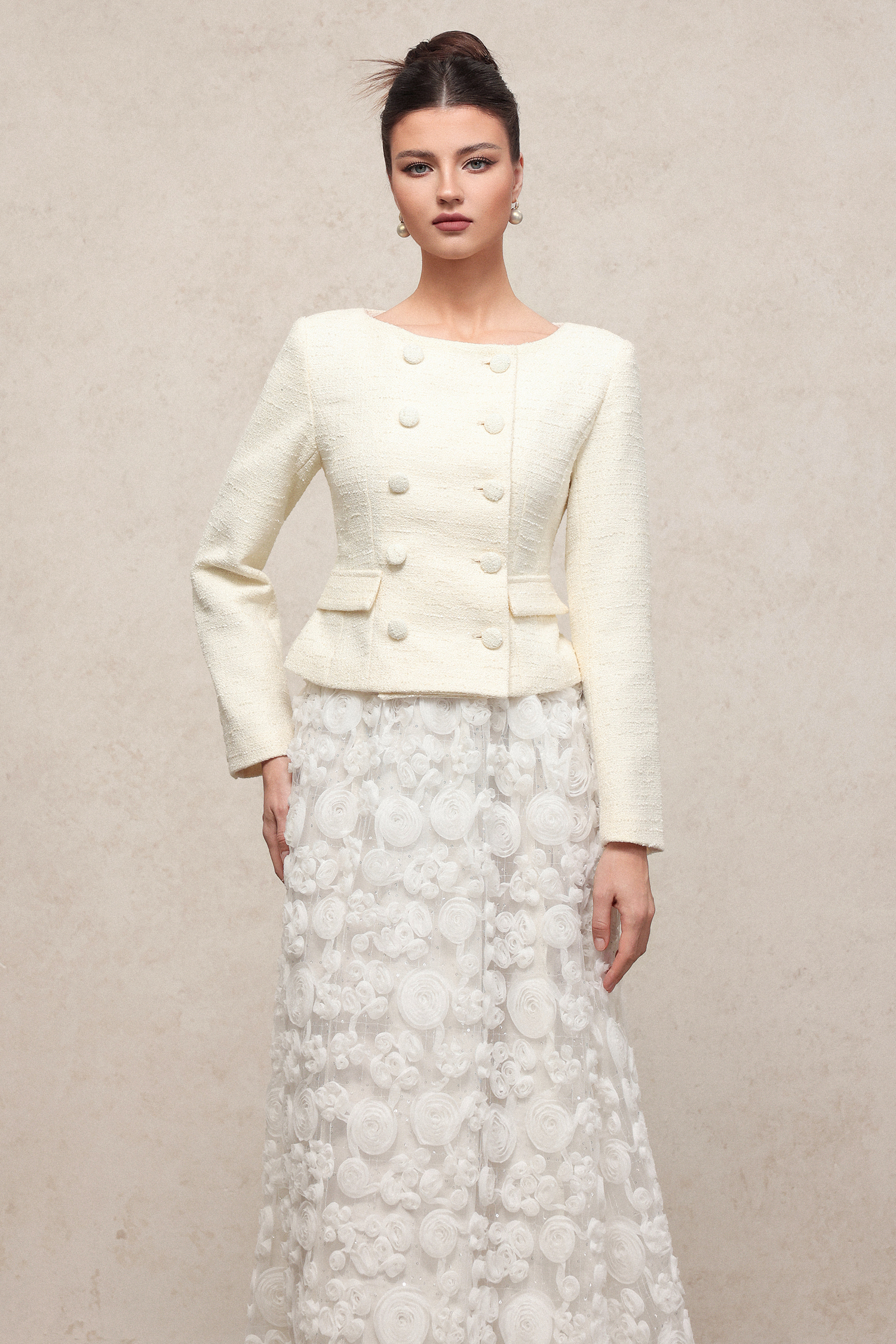 Ferean Classic Flowy Round Neck Long Sleeve Woven Top And Skirt Two-Piece Set