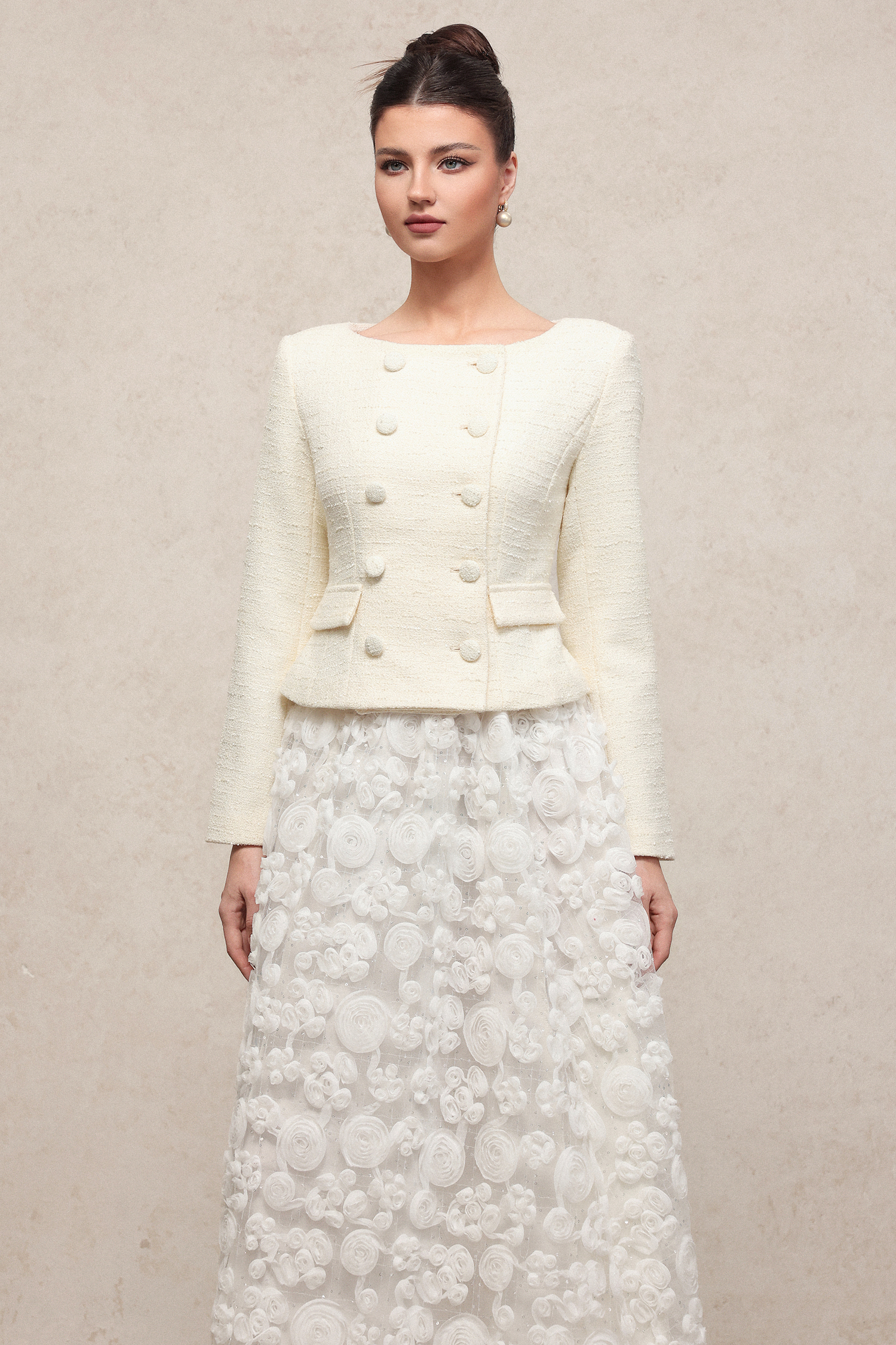 Ferean Classic Flowy Round Neck Long Sleeve Woven Top And Skirt Two-Piece Set