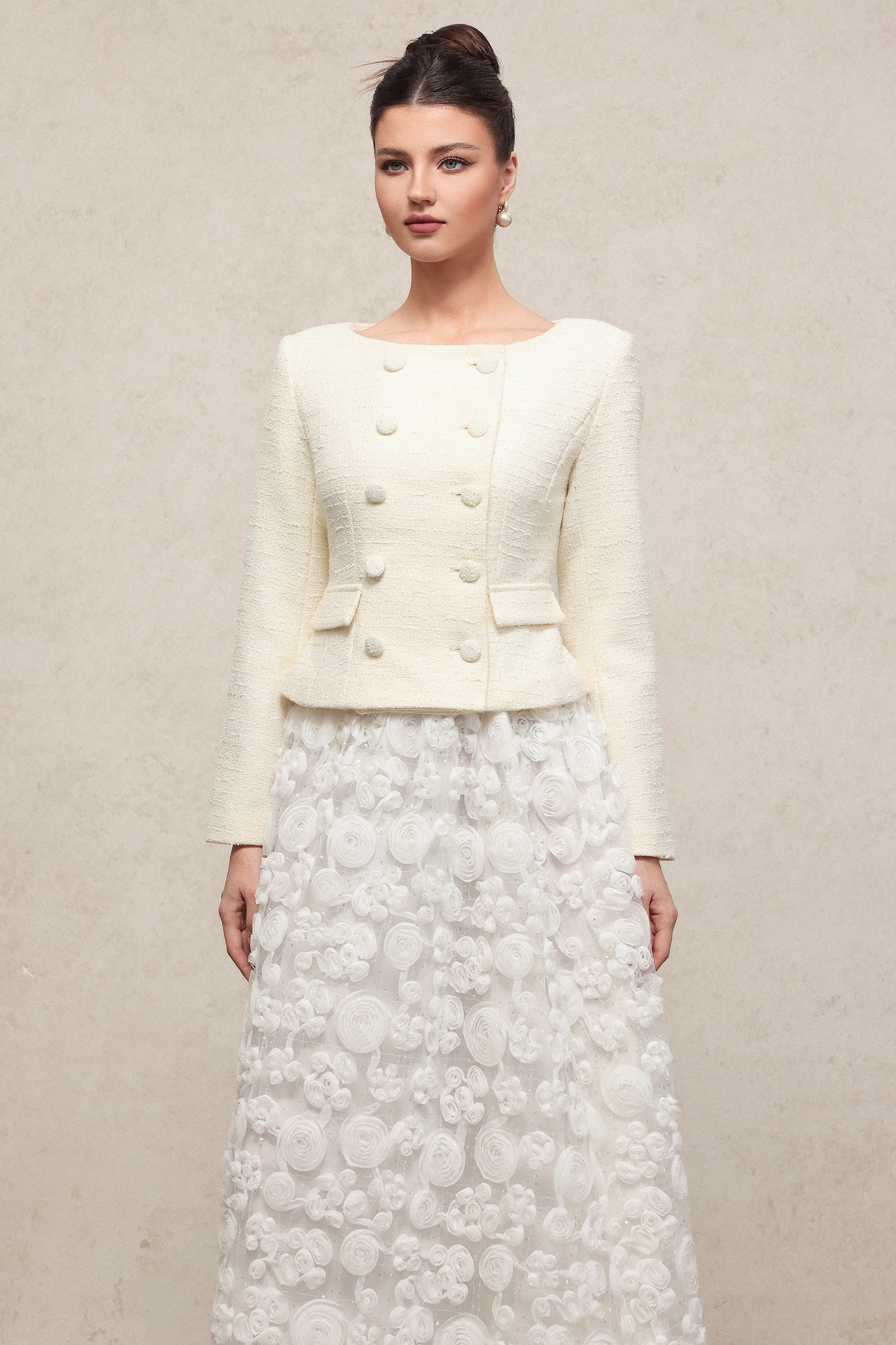 Ferean Classic Flowy Round Neck Long Sleeve Woven Top And Skirt Two-Piece Set