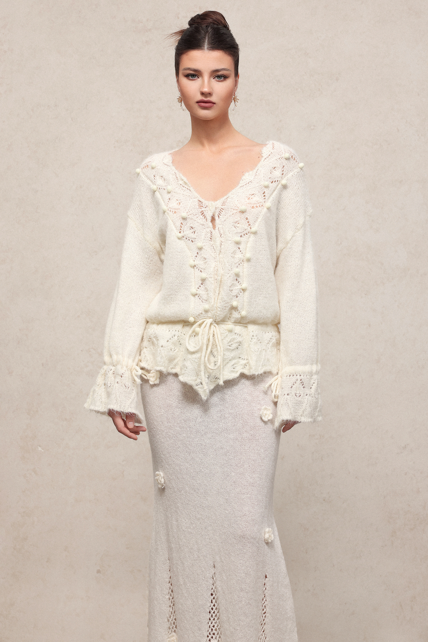 Ninao Romantic Cozy Long Sleeve Drawstring Knit Top